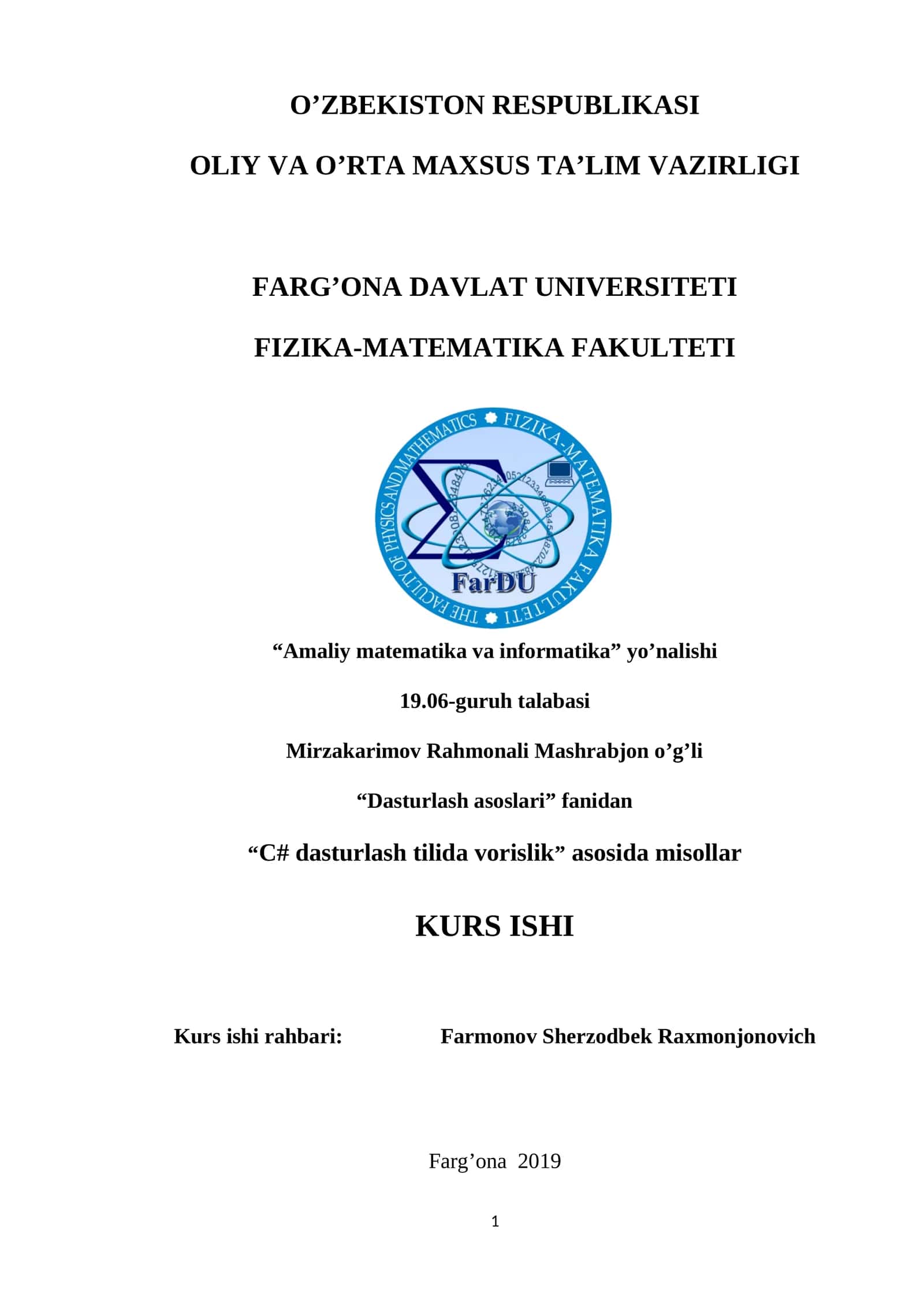 C# dasturlash tilida vorislik asosida misollar