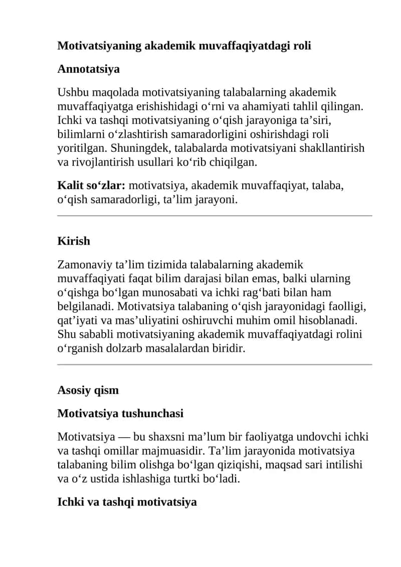Motivatsiyaning akademik muvaffaqiyatdagi roli