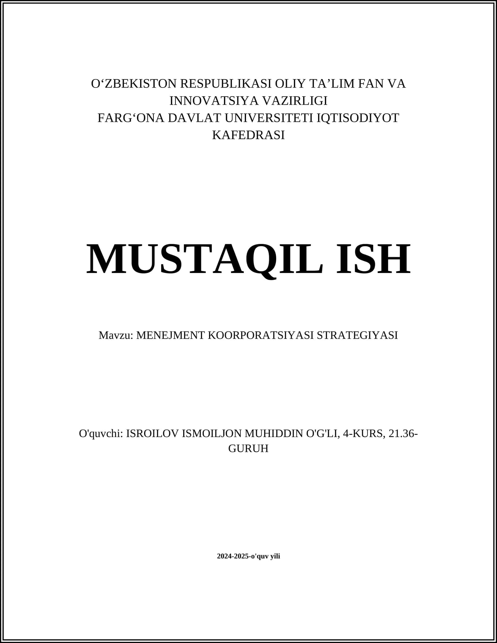 MENEJMENT KOORPORATSIYASI STRATEGIYASI