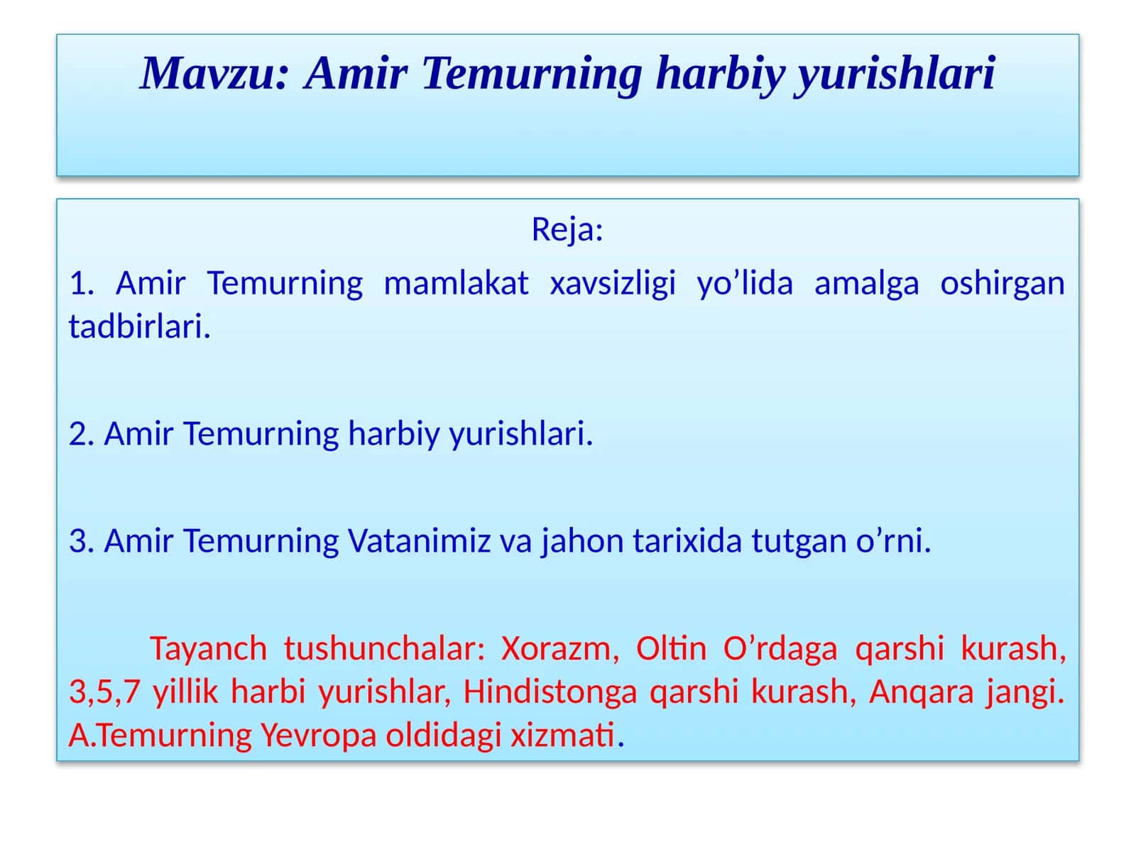 7-sinf O'zbekiston tarixi Amir Temurning harbiy yurishlari dars ishlanma