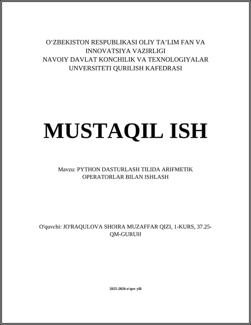 PYTHON DASTURLASH TILIDA ARIFMETIK OPERATORLAR BILAN ISHLASH