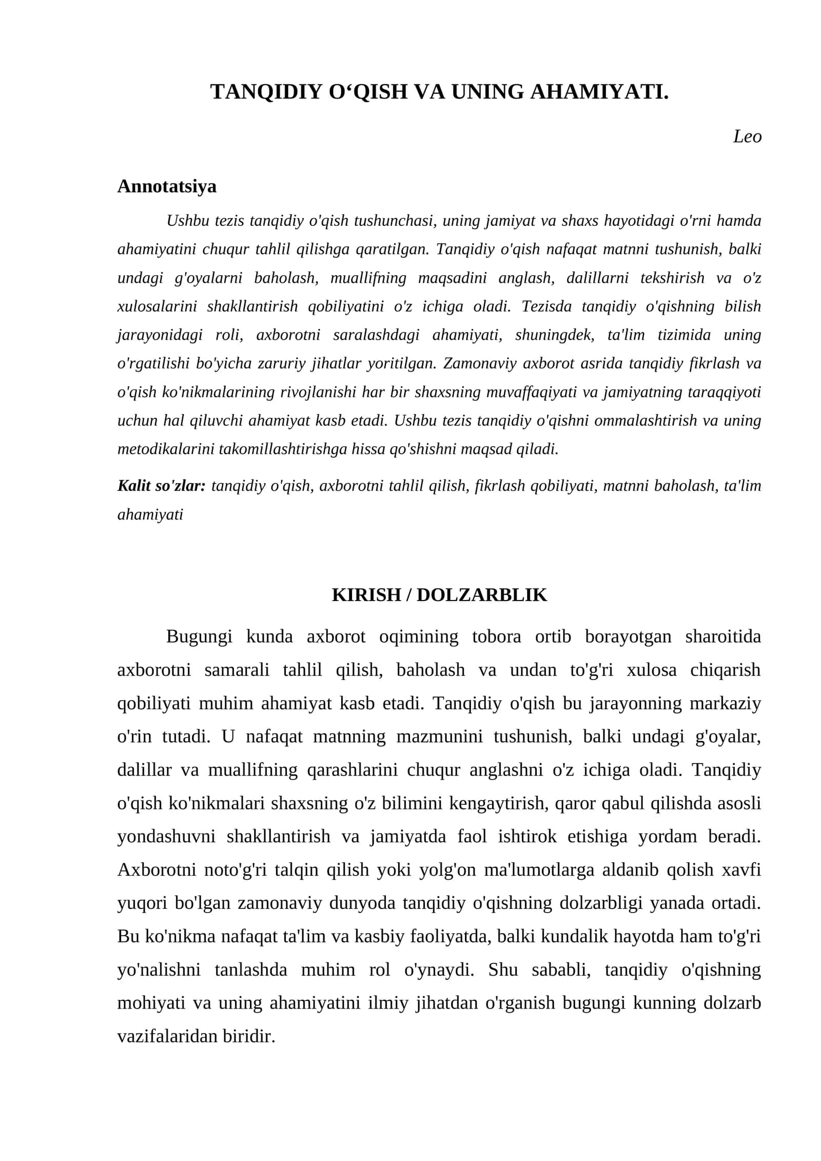 TANQIDIY O‘QISH VA UNING AHAMIYATI