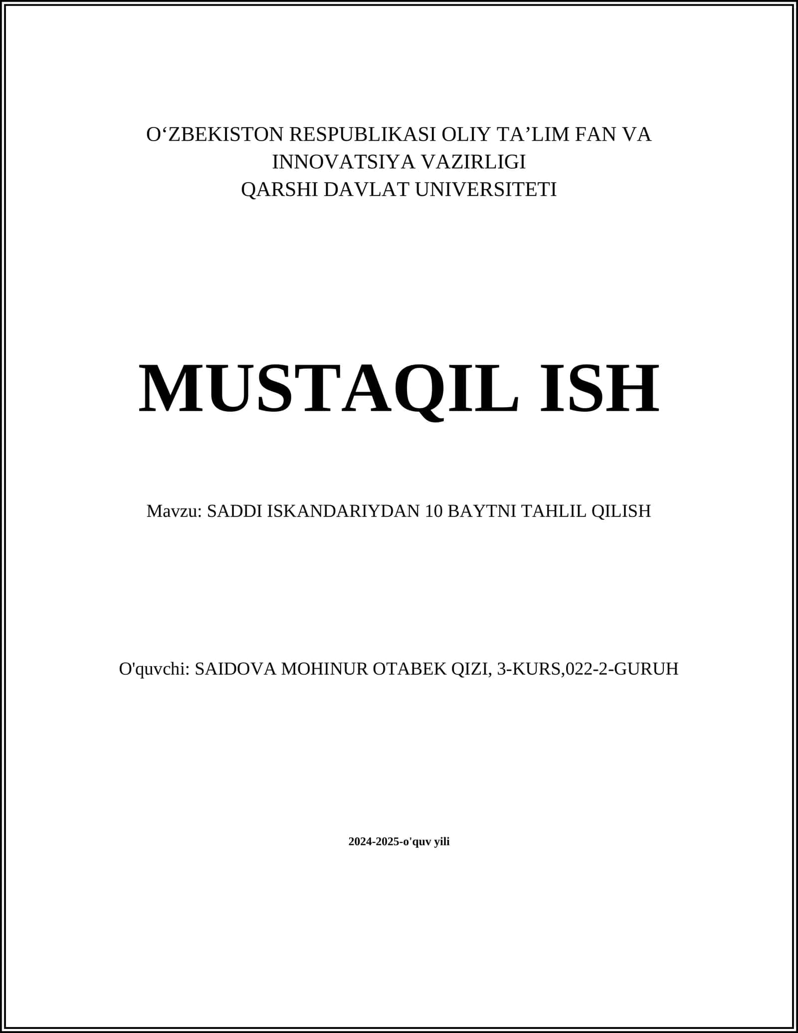 Saddi Iskandariydan 10 Baytni Tahlil Qilish