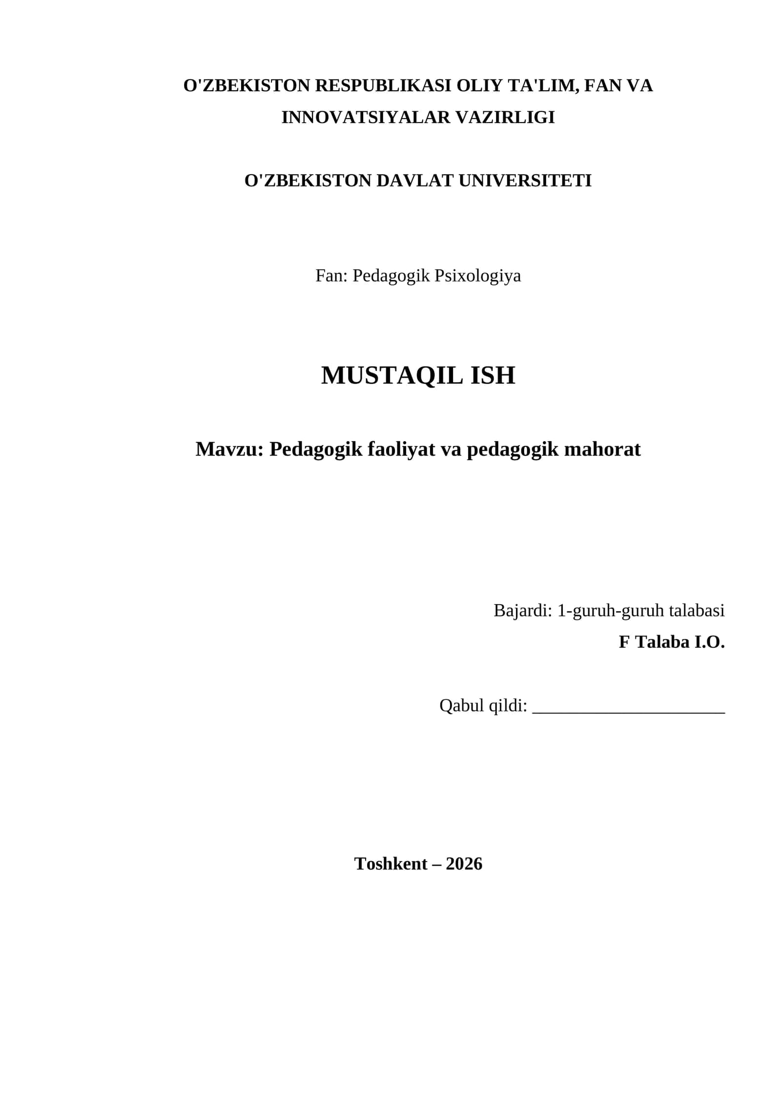 Pedagogik faoliyat va pedagogik mahorat