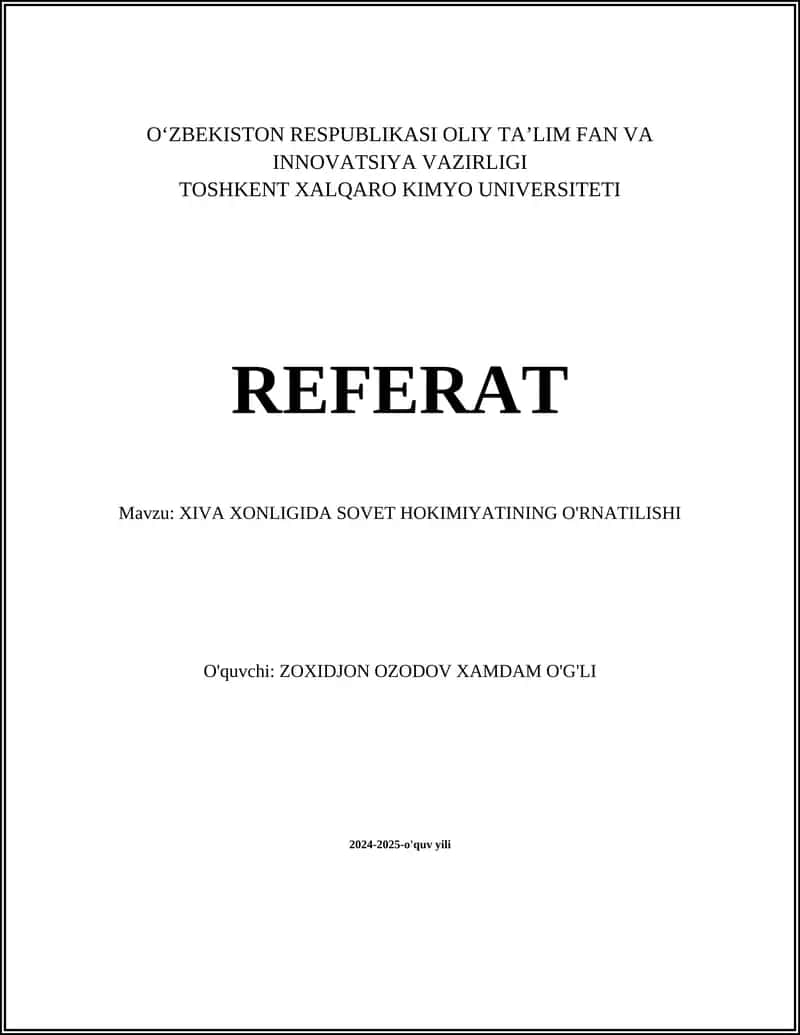 XIVA XONLIGIDA SOVET HOKIMIYATINING O'RNATILISHI