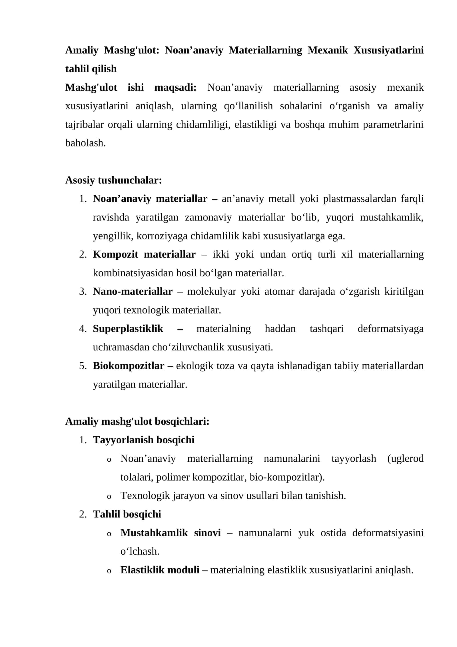 Amaliy Mashg'ulot: Noan’anaviy Materiallarning Mexanik Xususiyatlarini tahlil qilish