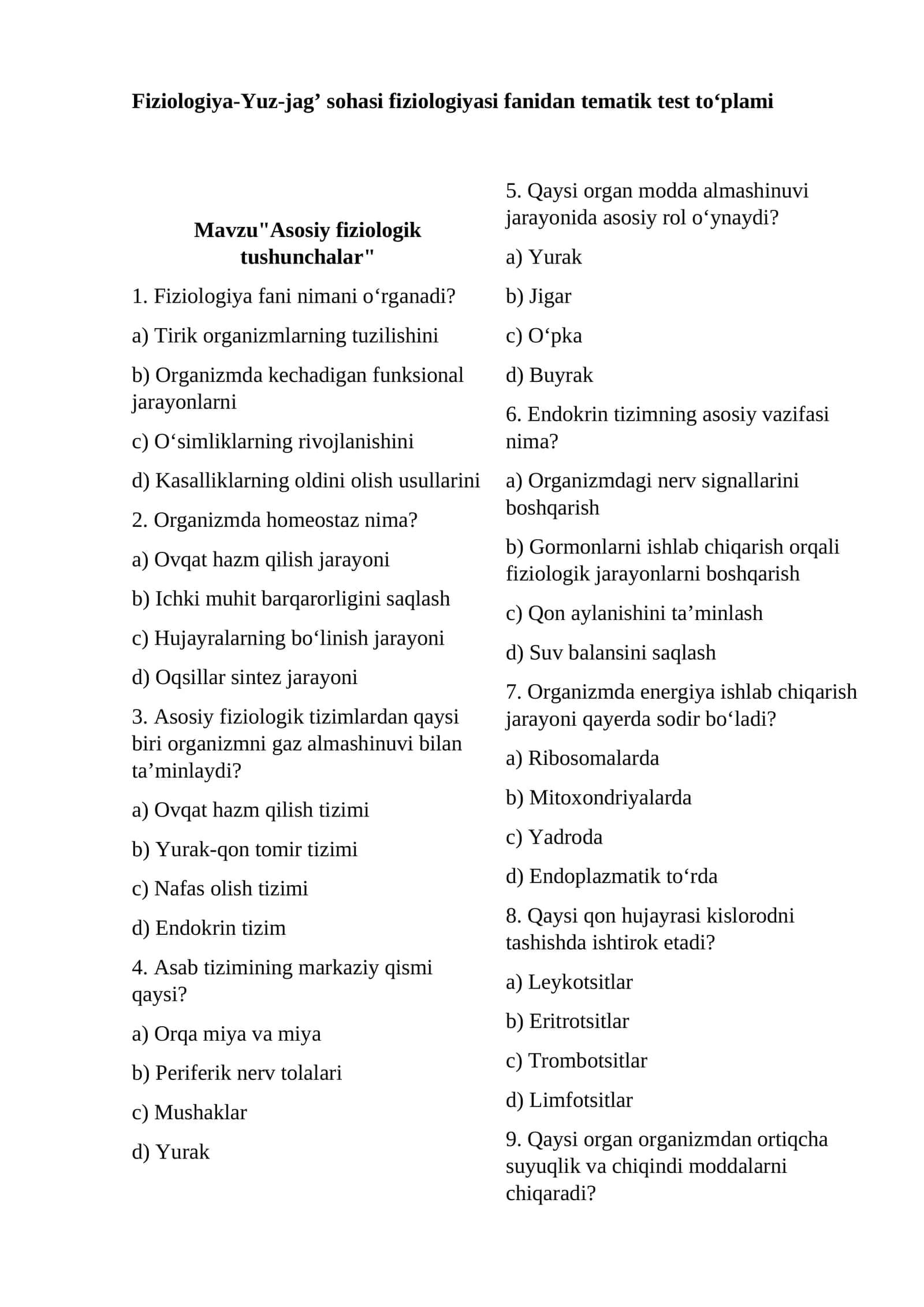 Fiziologiya-Yuz-jag’ sohasi fiziologiyasi fanidan tematik test to‘plami
