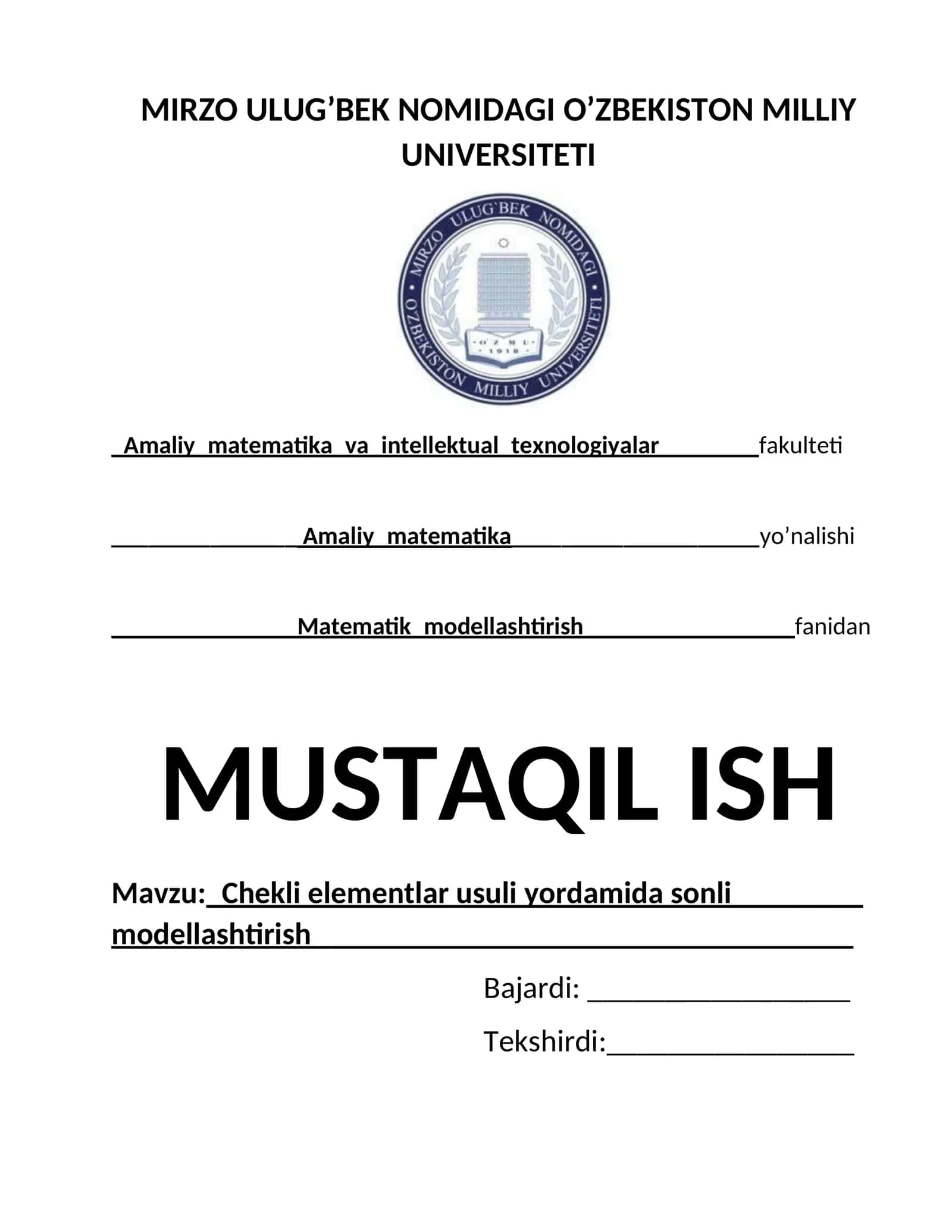 Matematik modellashtirish fanidan mustaqil ish