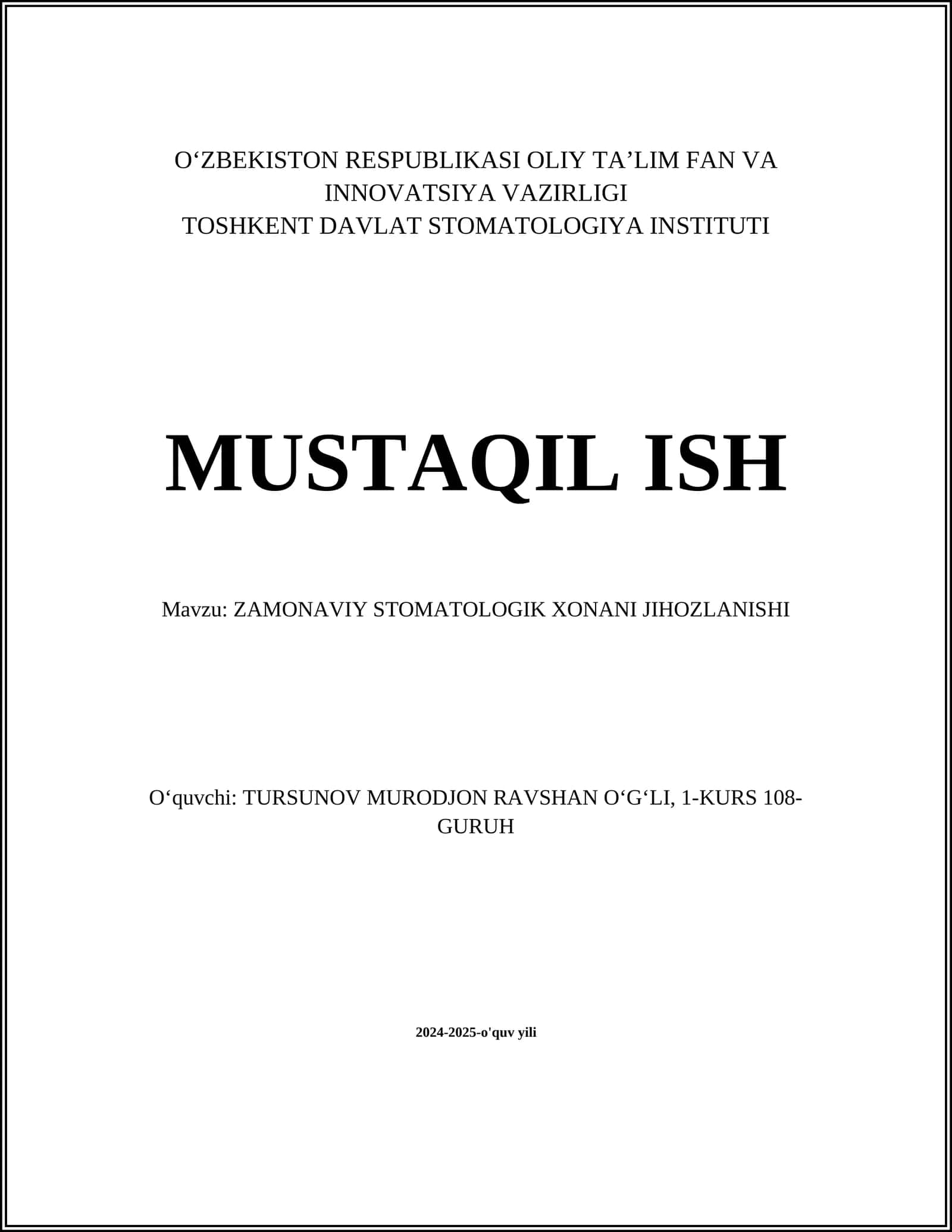 ZAMONAVIY STOMATOLOGIK XONANI JIHOZLANISHI