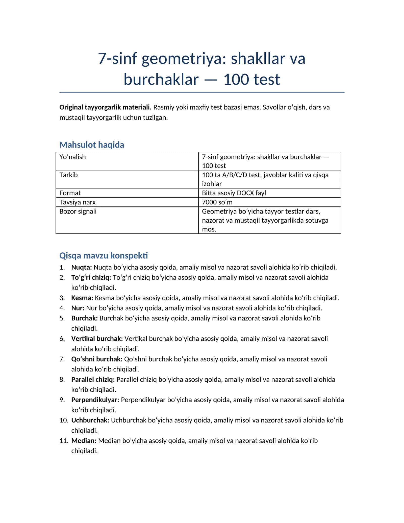 7-sinf geometriya: shakllar va burchaklar — 100 test