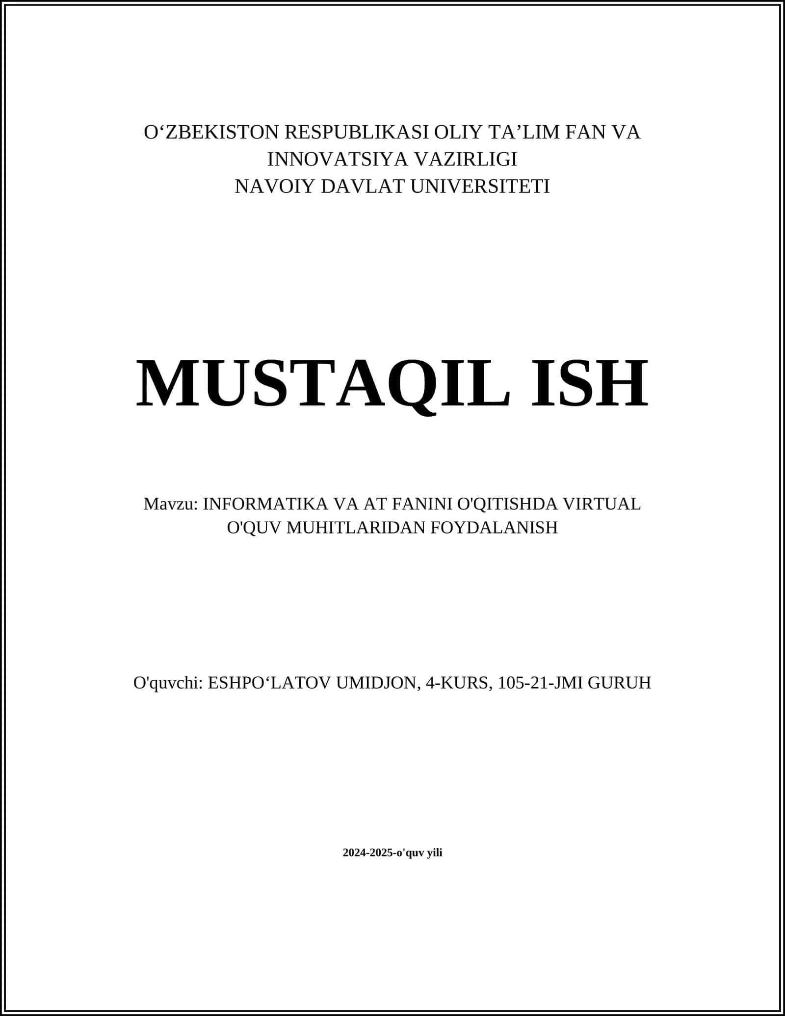 INFORMATIKA VA AT FANINI O'QITISHDA VIRTUAL O'QUV MUHITLARIDAN FOYDALANISH