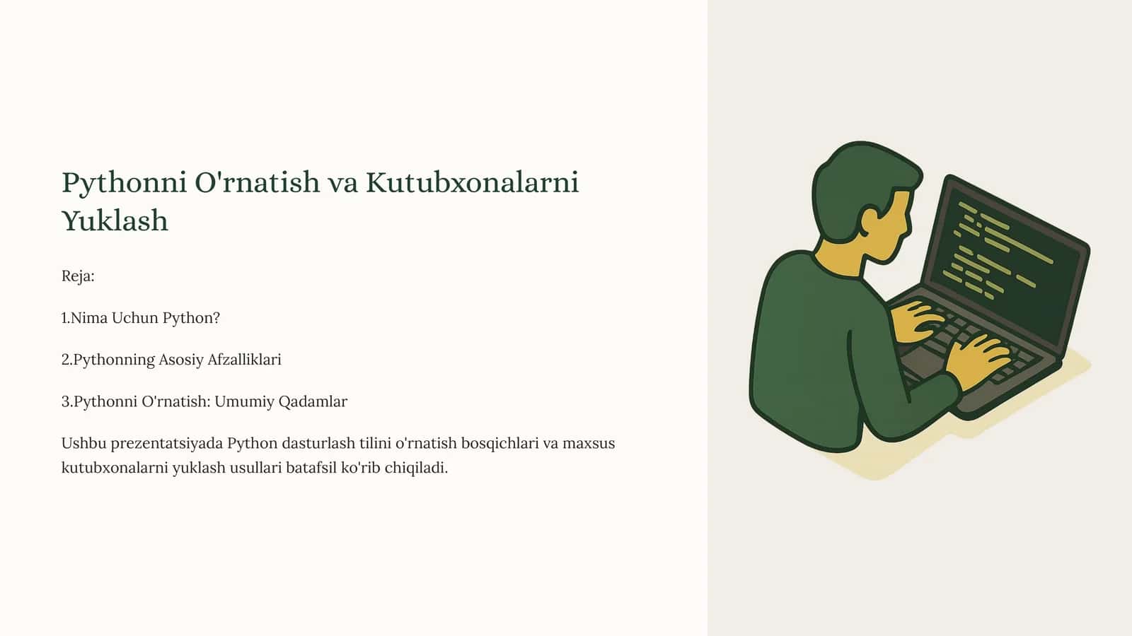 Pythonni O'rnatish va Kutubxonalarni Yuklash
