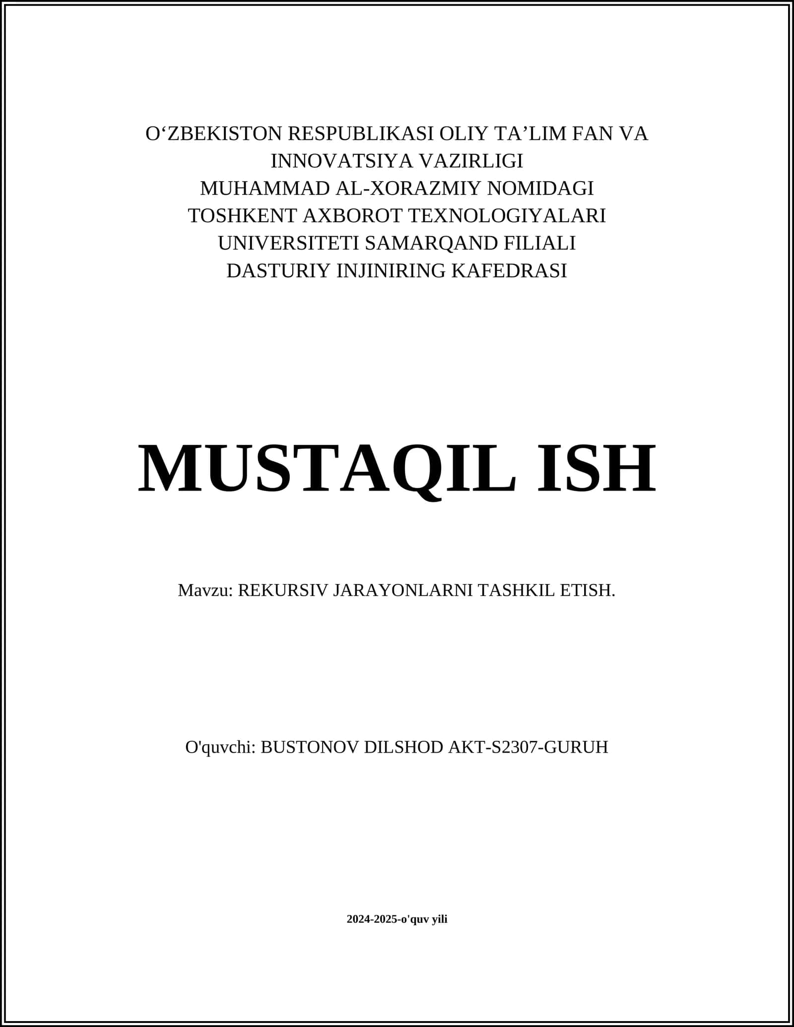REKURSIV JARAYONLARNI TASHKIL ETISH