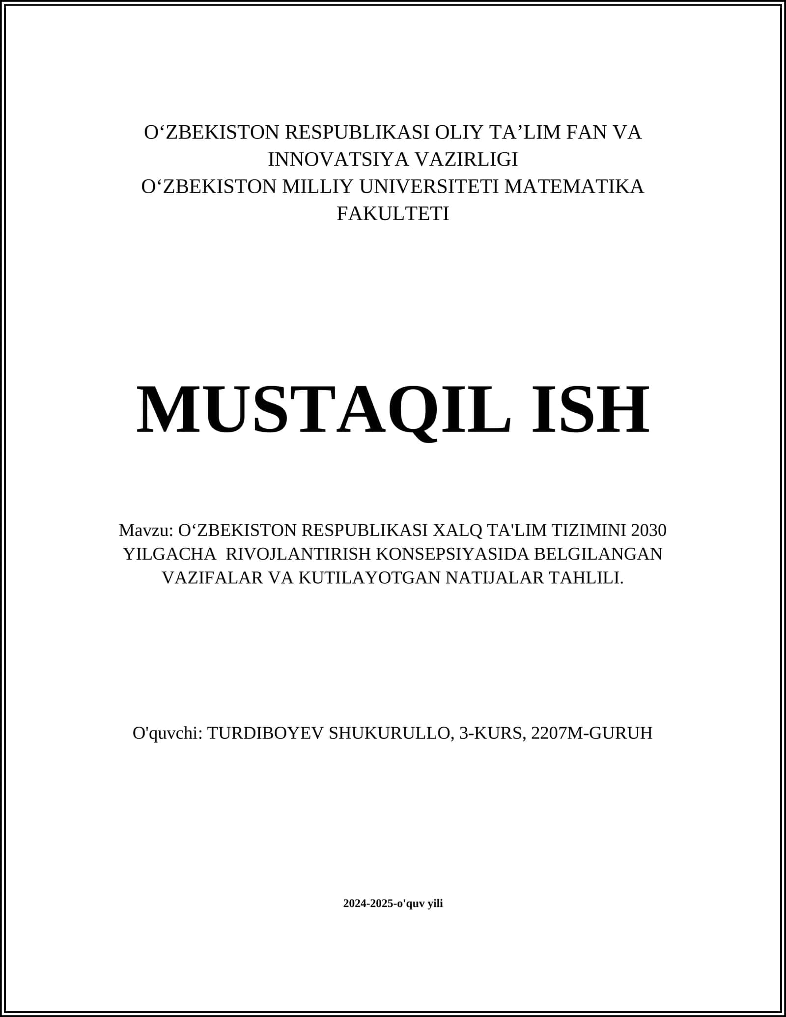 OʻZBEKISTON RESPUBLIKASI XALQ TA'LIM TIZIMINI 2030 YILGACHA RIVOJLANTIRISH KONSEPSIYASIDA BELGILANGAN VAZIFALAR VA KUTILAYOTGAN NATIJALAR TAHLILI