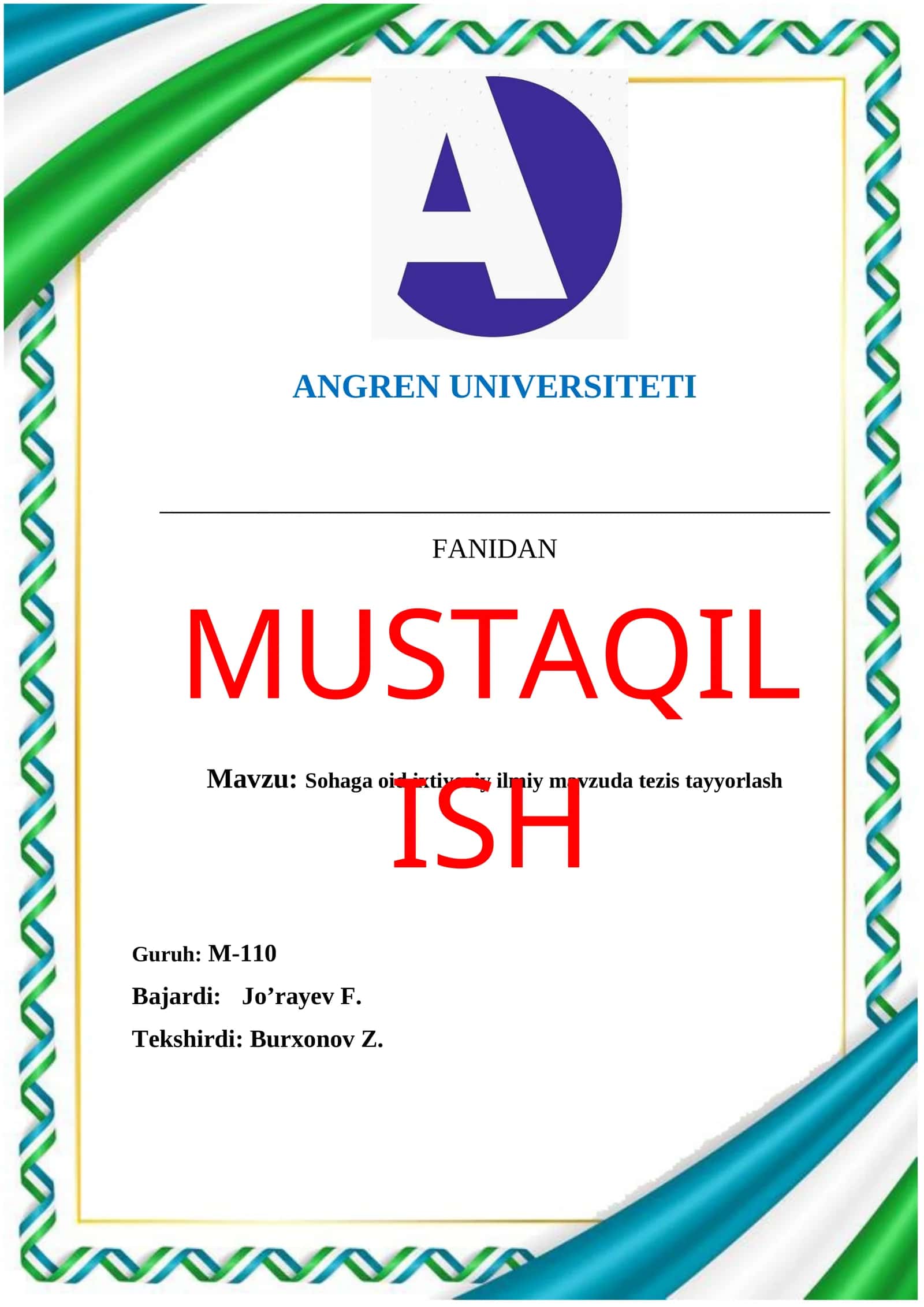 Sohaga oid ixtiyoriy ilmiy mavzuda tezis tayyorlash