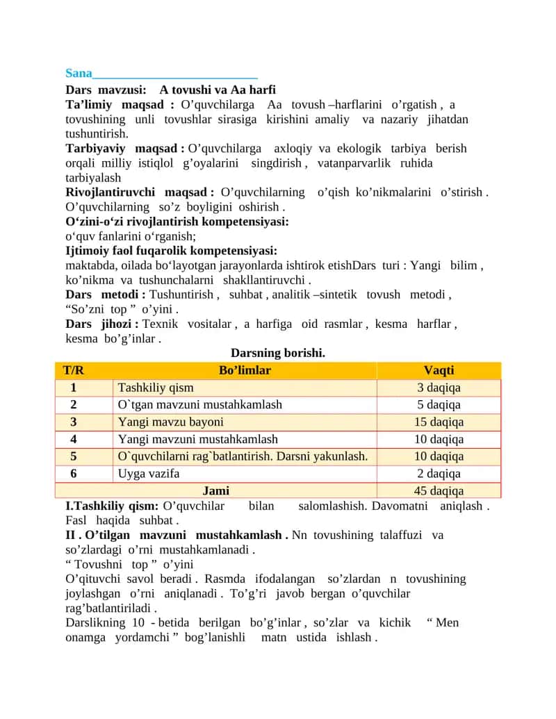 A tovushi va Aa harfi DARS ISHLANMA