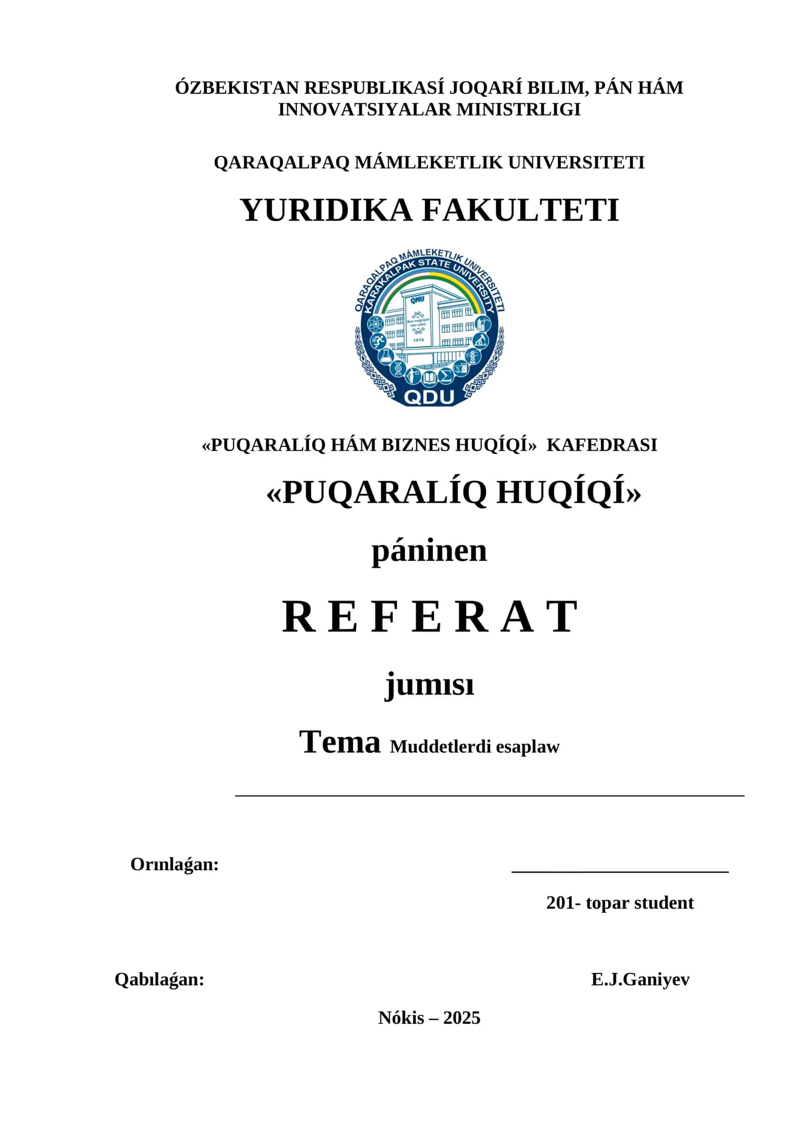 «PUQARALÍQ HUQÍQÍ» páninen R E F E R A T jumısı
