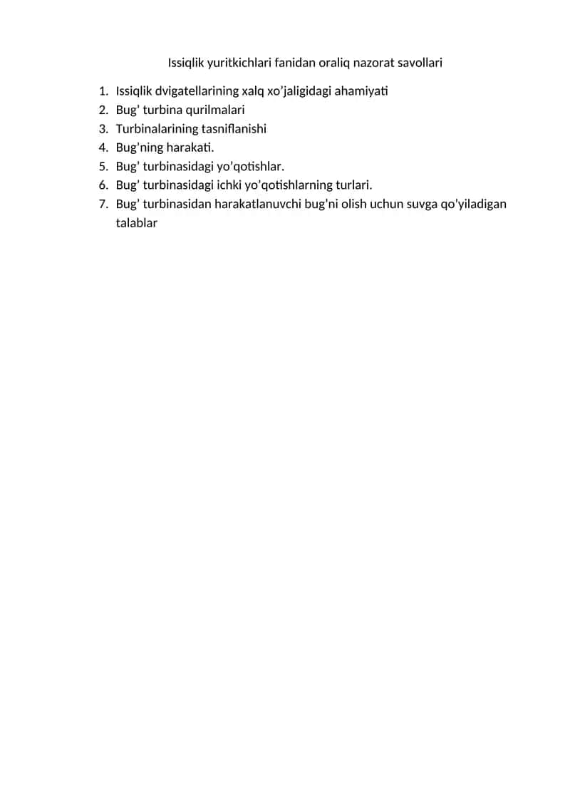 Issiqlik yuritkichlari fanidan oraliq nazorat savollari