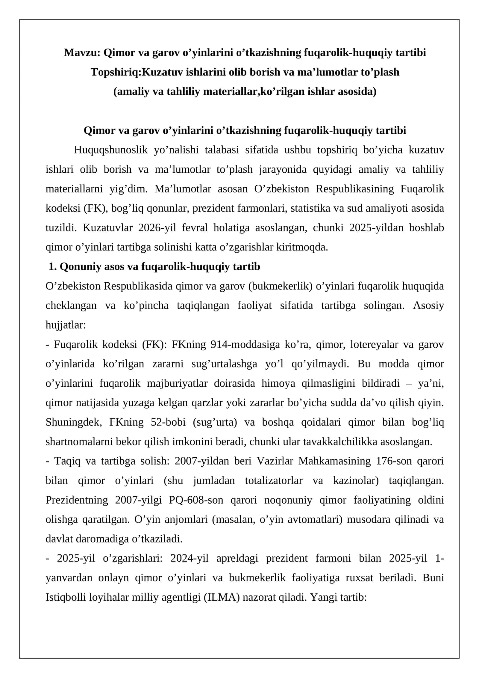 Qimor va garov o’yinlarini o’tkazishning fuqarolik-huquqiy tartibi