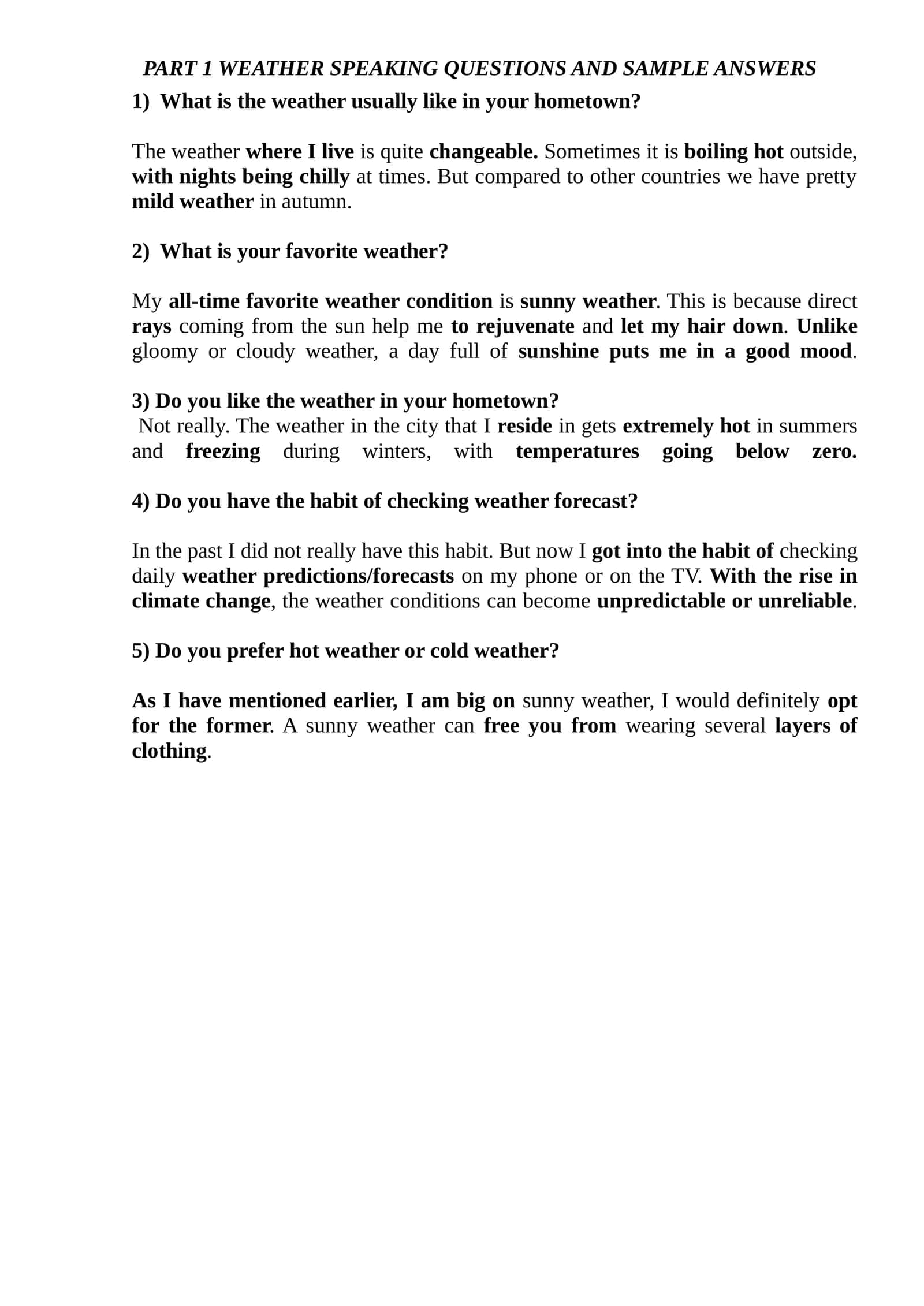WEATHER SPEAKING QUESTIONS AND SAMPLE ANSWERS