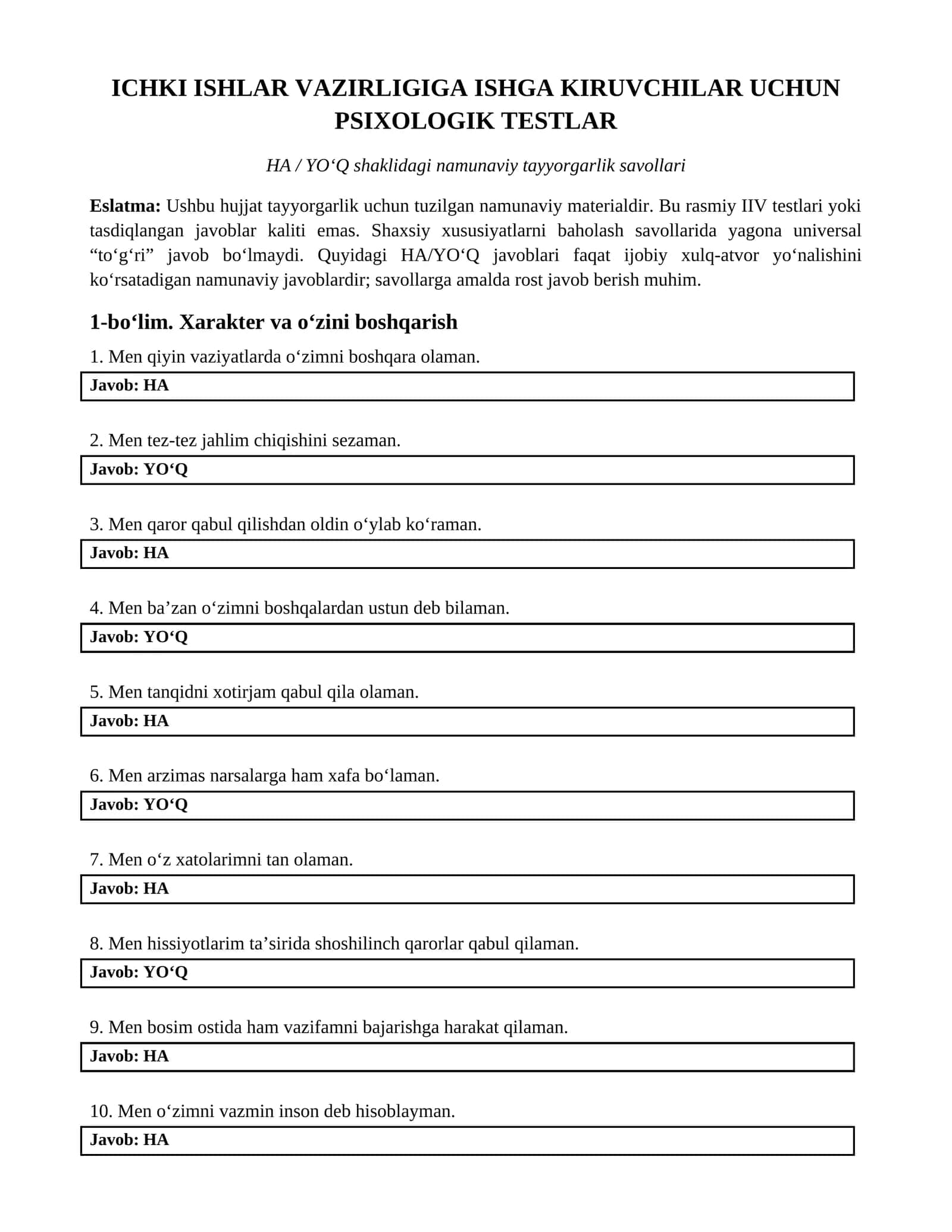 [ICHKI ISHLAR VAZIRLIGIGA ISHGA KIRUVCHILAR UCHUN PSIXOLOGIK TESTLAR]