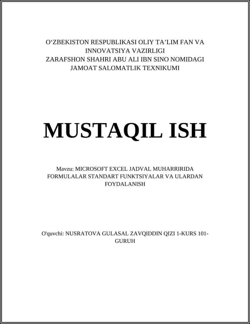MICROSOFT EXCEL JADVAL MUHARRIRIDA FORMULALAR STANDART FUNKTSIYALAR VA ULARDAN FOYDALANISH