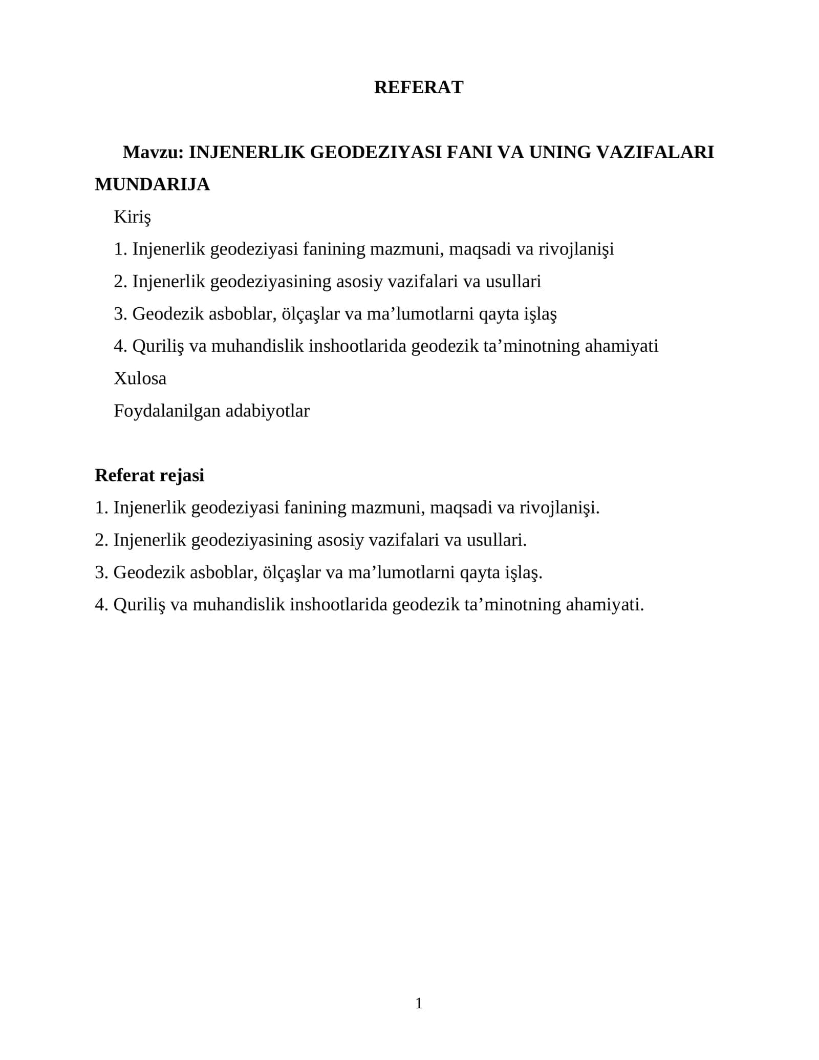 INJENERLIK GEODEZIYASI FANI VA UNING VAZIFALARI