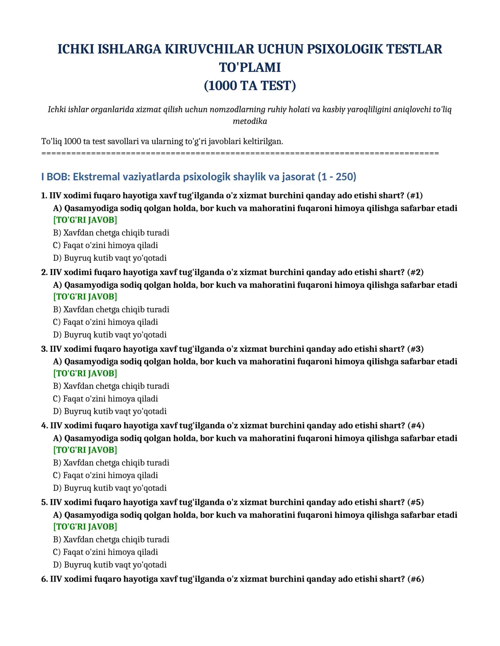 [ICHKI ISHLARGA KIRUVCHILAR UCHUN PSIXOLOGIK TESTLAR TO'PLAMI (1000 TA TEST)]
