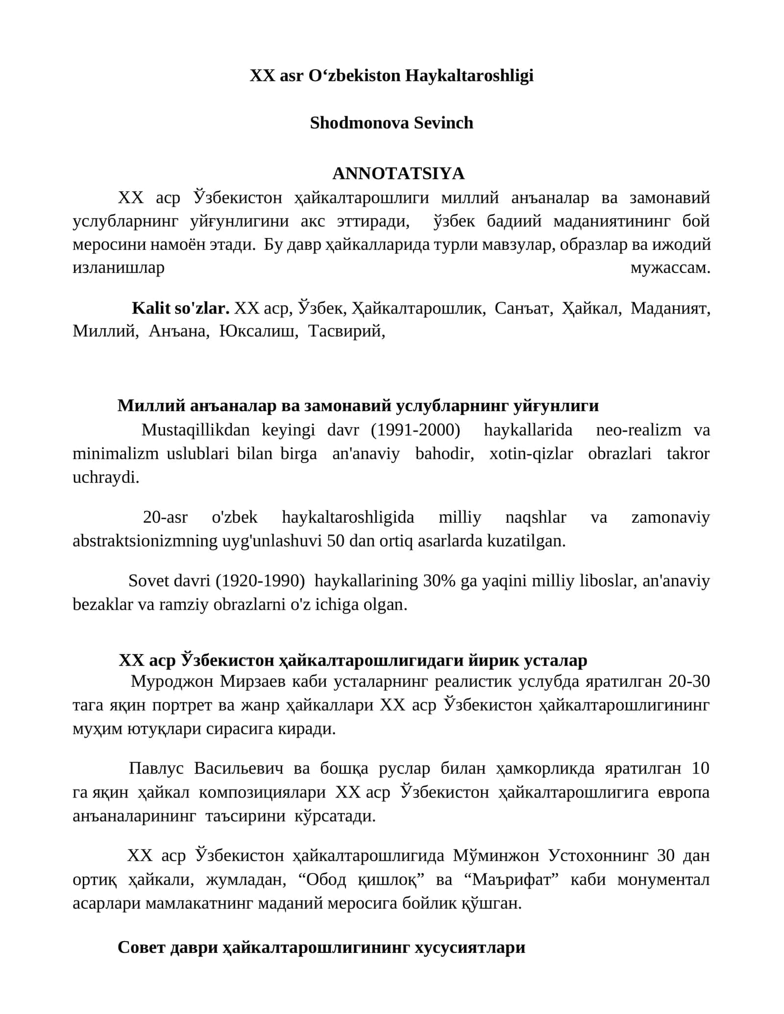 XX asr Oʻzbekiston Haykaltaroshligi