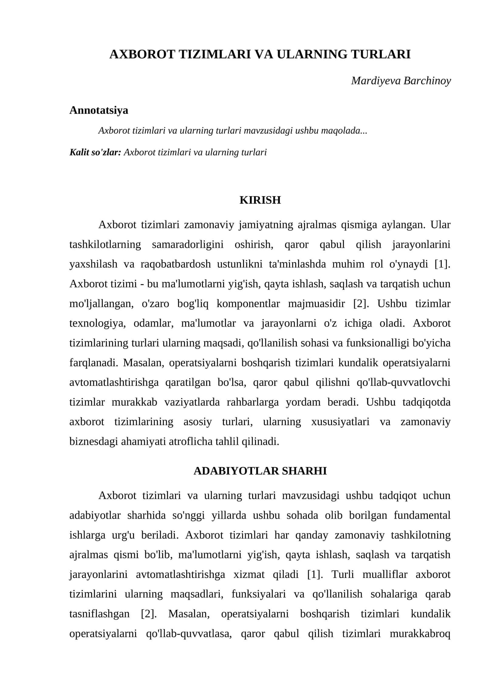 AXBOROT TIZIMLARI VA ULARNING TURLARI