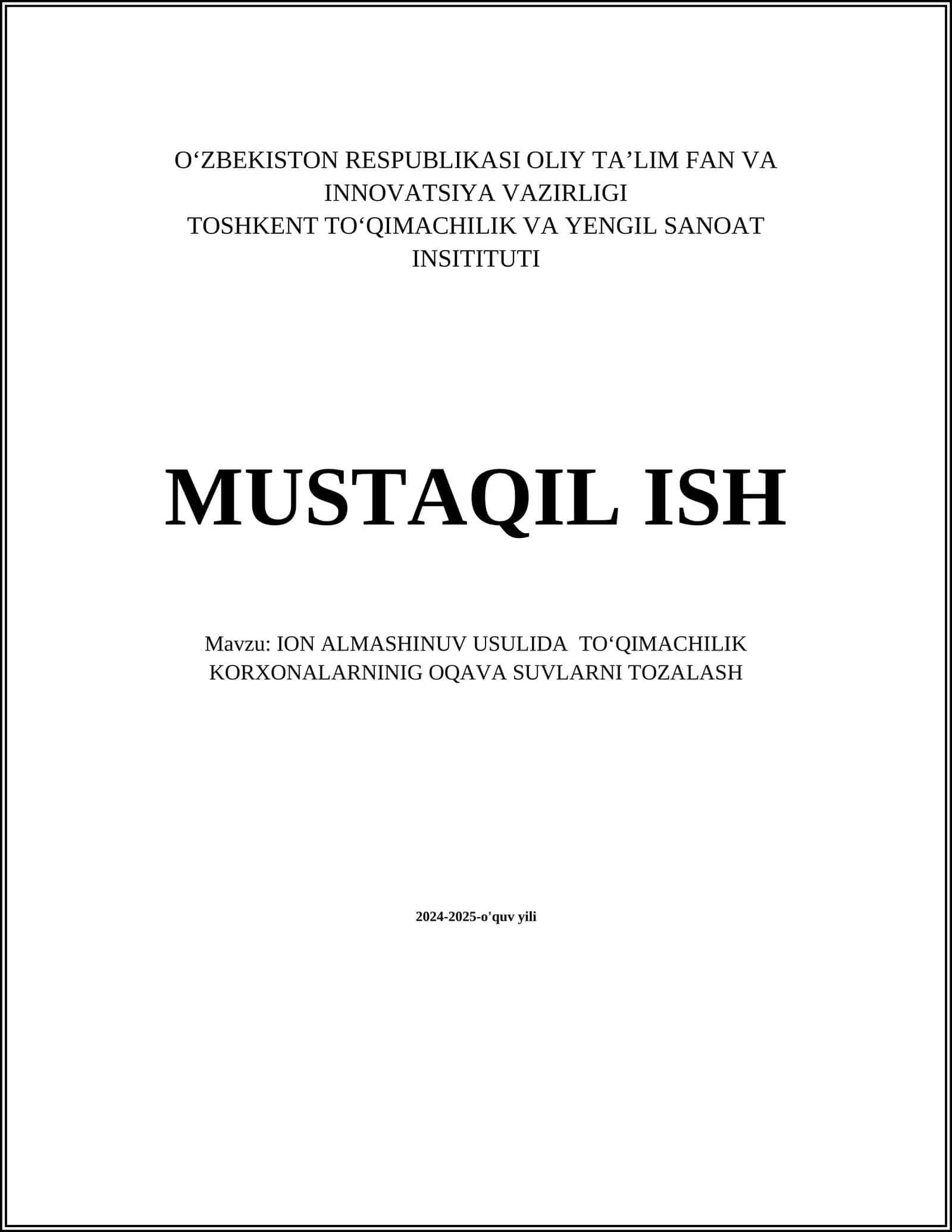 ION ALMASHINUV USULIDA TOʻQIMACHILIK KORXONALARNINIG OQAVA SUVLARNI TOZALASH