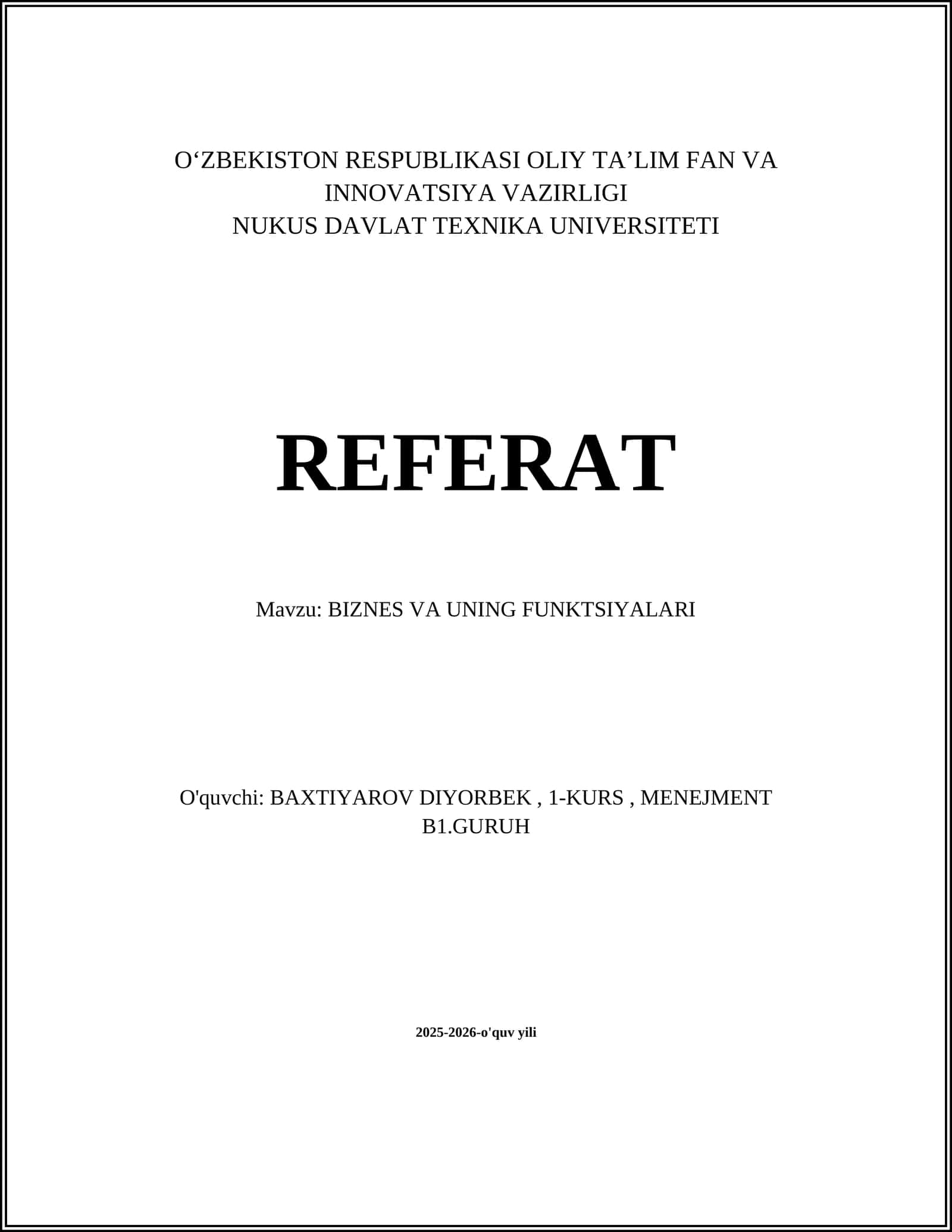 BIZNES VA UNING FUNKTSIYALARI