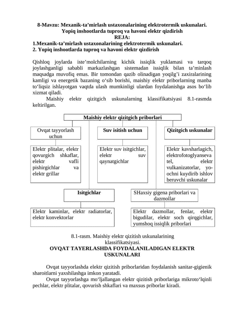 Mexanik-ta’mirlash ustaxonalarining elektrotermik uskunalari. Yopiq inshootlarda tuproq va havoni elektr qizdirish