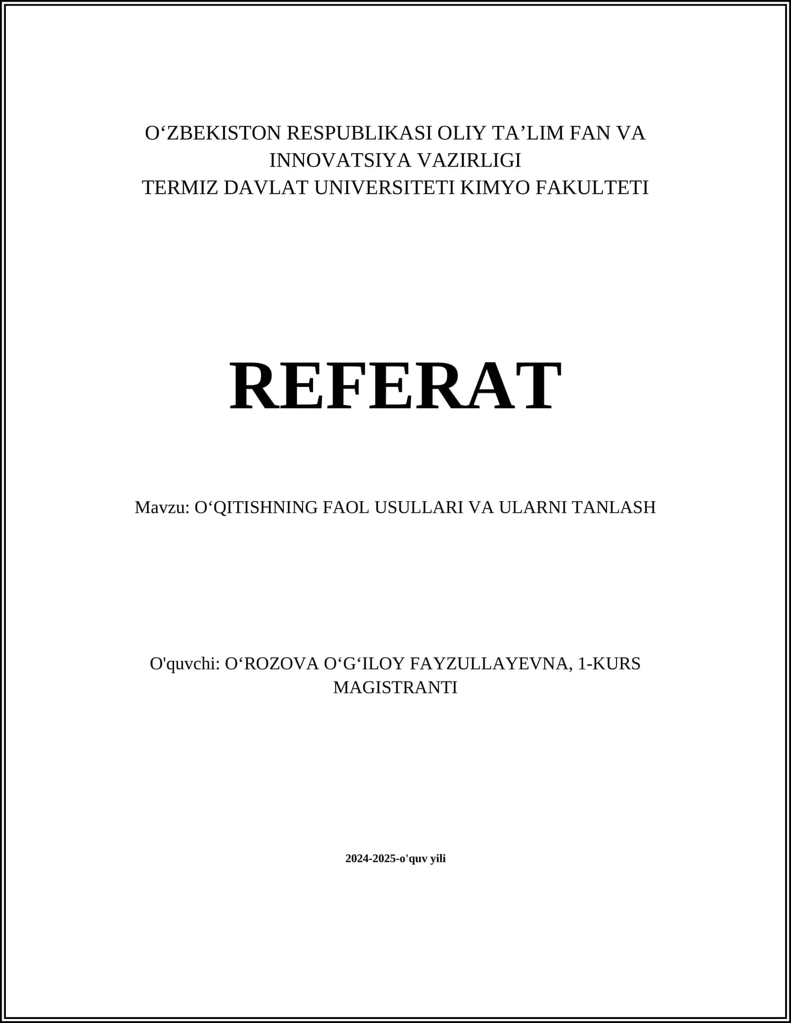 OʻQITISHNING FAOL USULLARI VA ULARNI TANLASH
