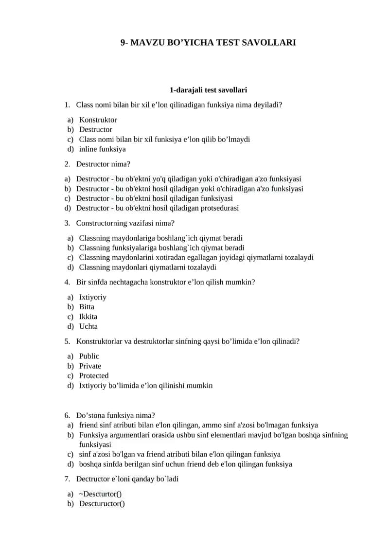 MAVZU BO’YICHA TEST SAVOLLARI