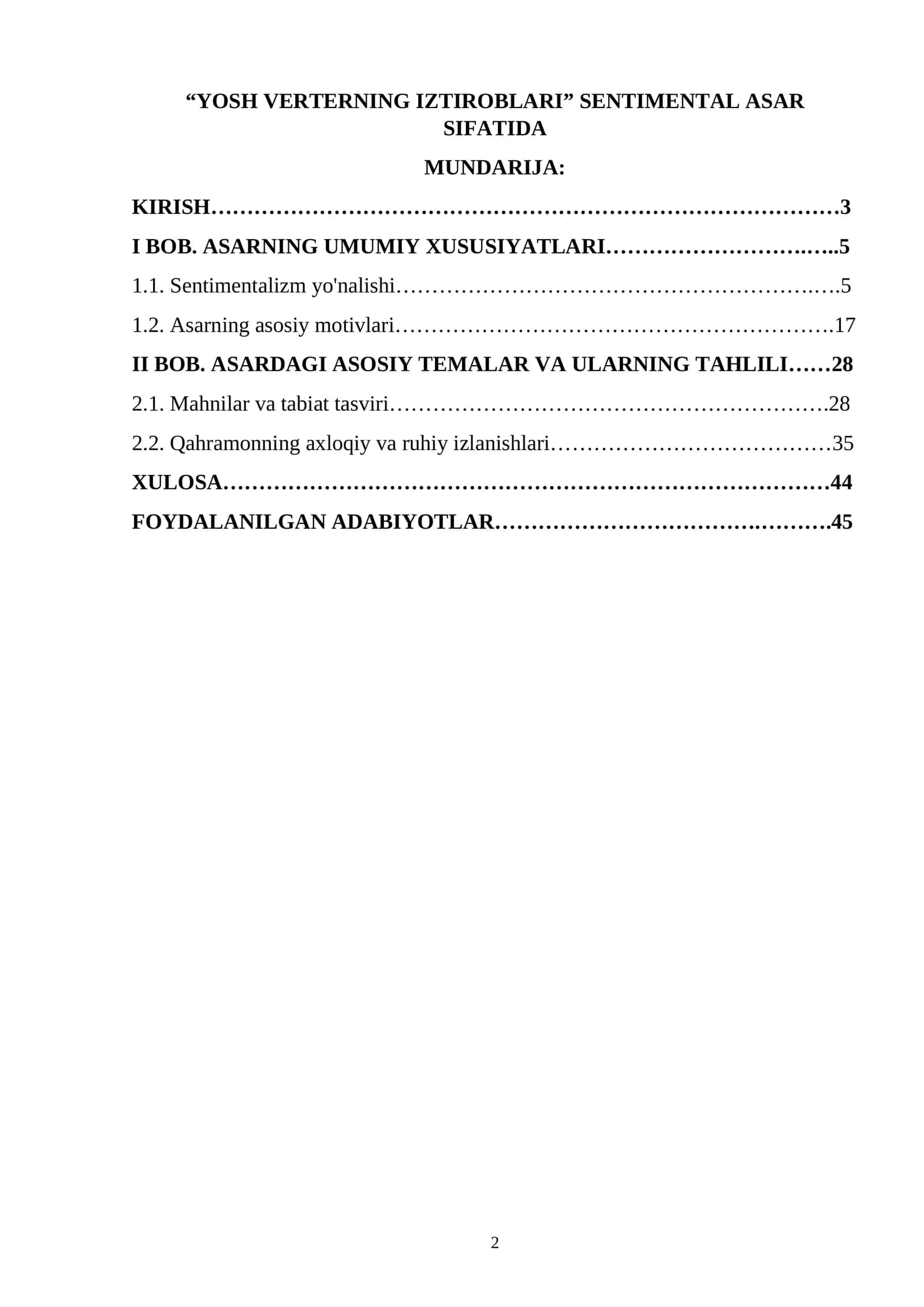 “YOSH VERTERNING IZTIROBLARI” SENTIMENTAL ASAR SIFATIDA