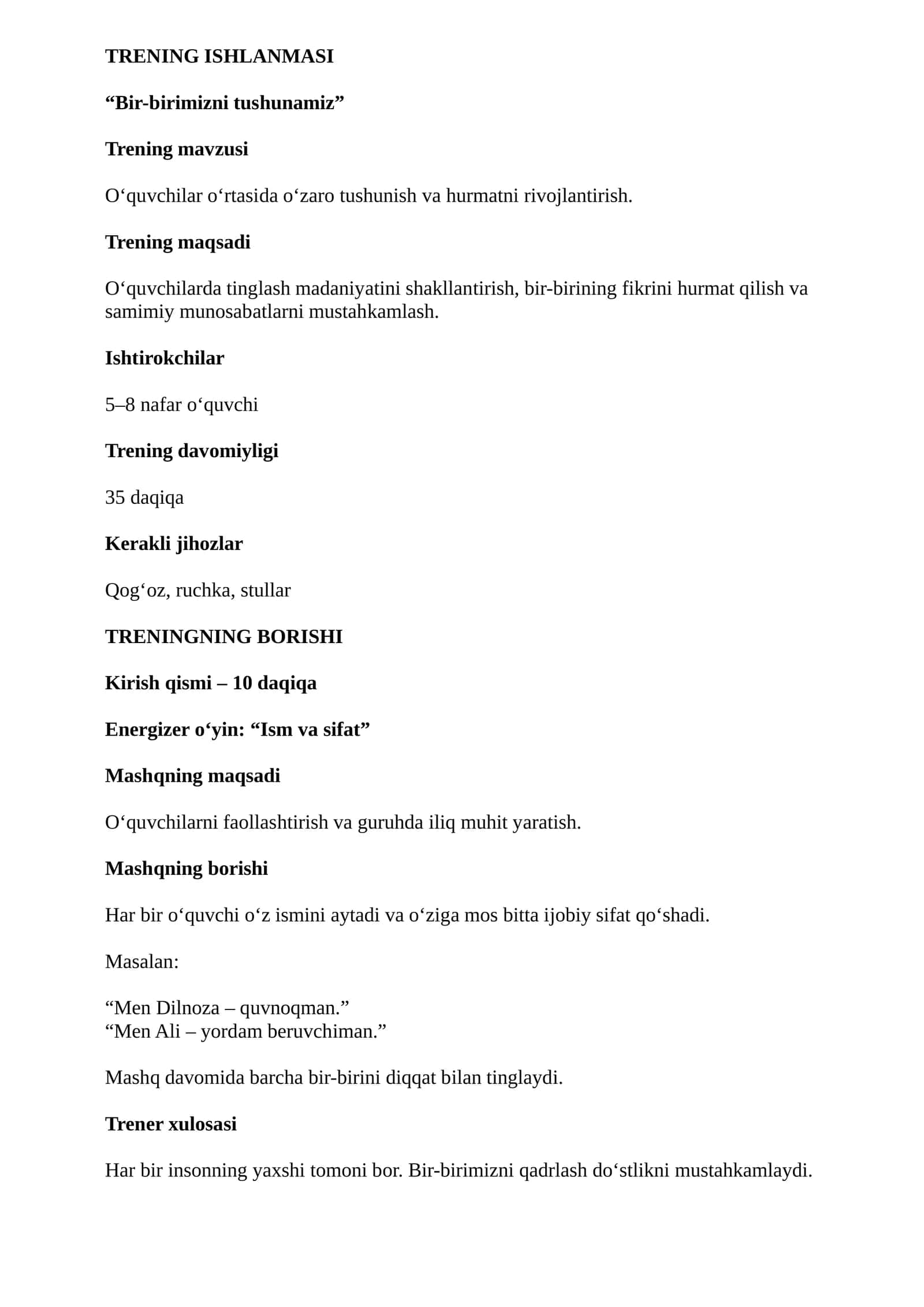 TRENING ISHLANMASI “Bir-birimizni tushunamiz”