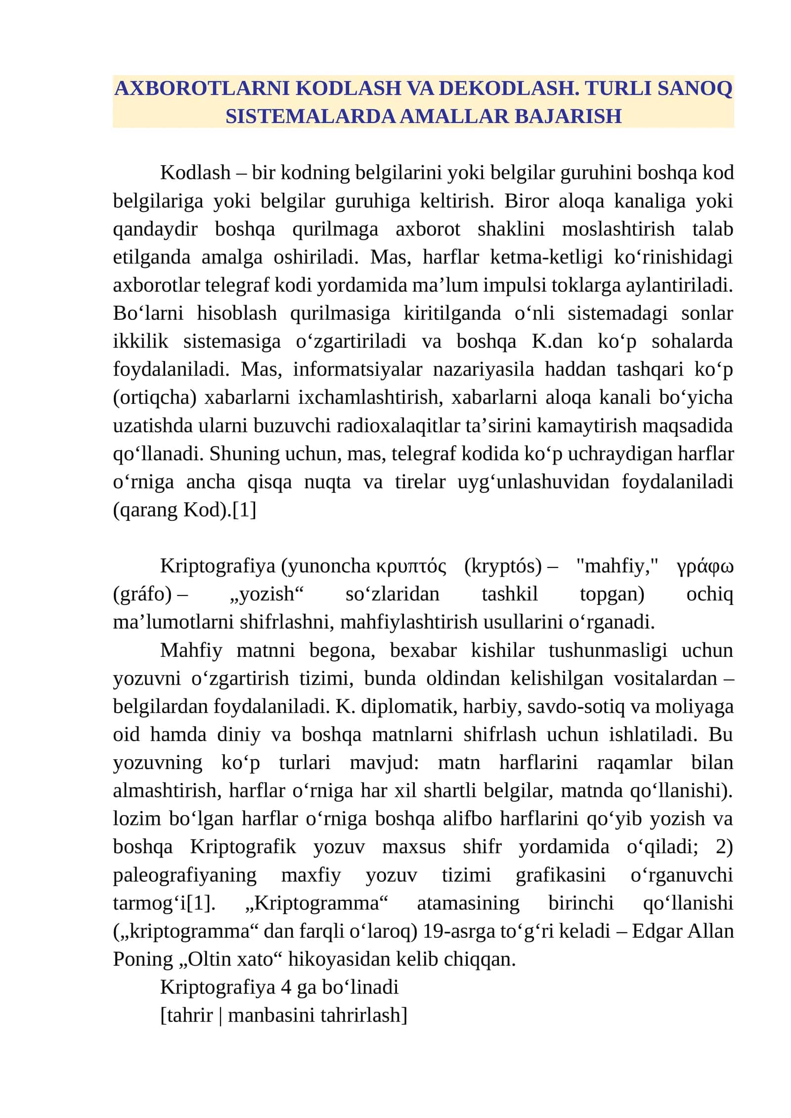 AXBOROTLARNI KODLASH VA DEKODLASH. TURLI SANOQ SISTEMALARDA AMALLAR BAJARISH