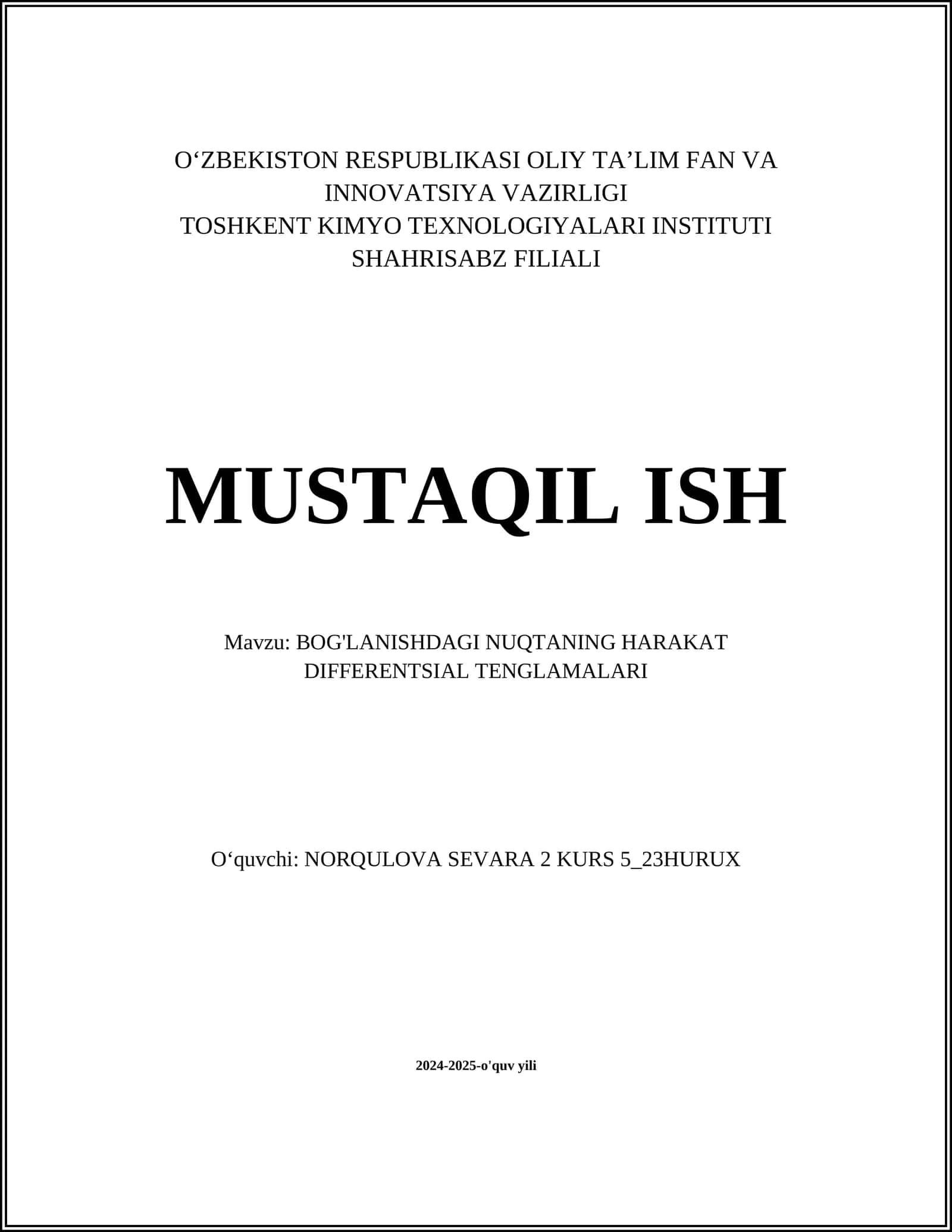 BOG'LANISHDAGI NUQTANING HARAKAT DIFFERENTSIAL TENGLAMALARI
