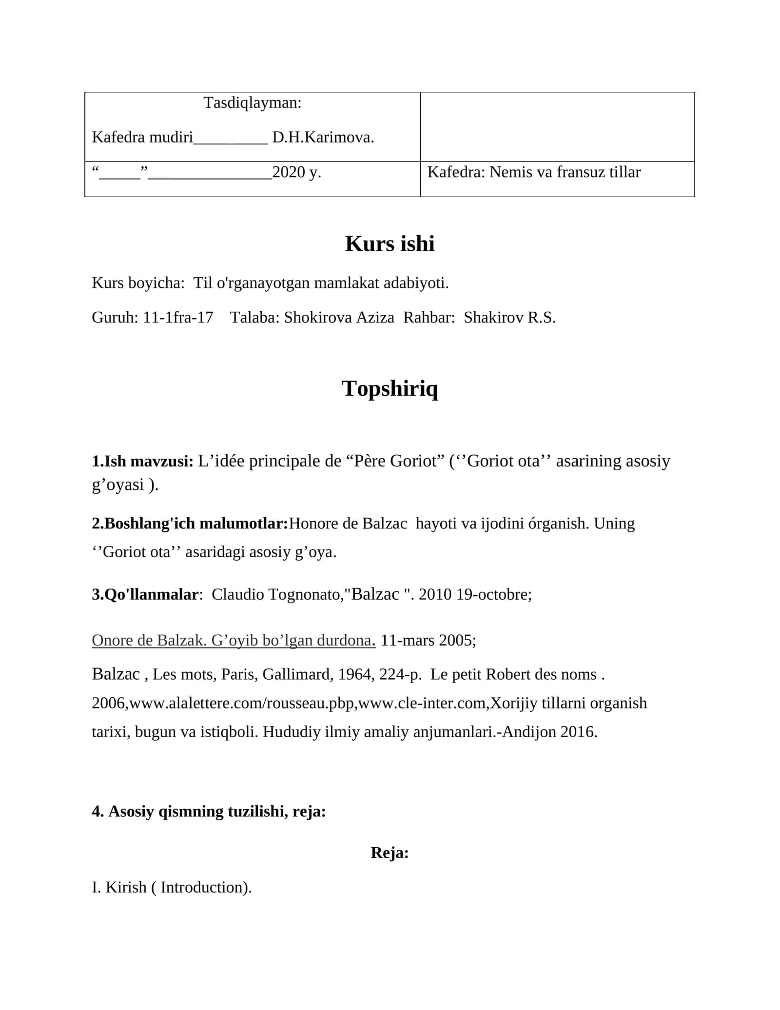 Kurs ishi: L’idée principale de “Père Goriot” (‘’Goriot ota’’ asarining asosiy g’oyasi )