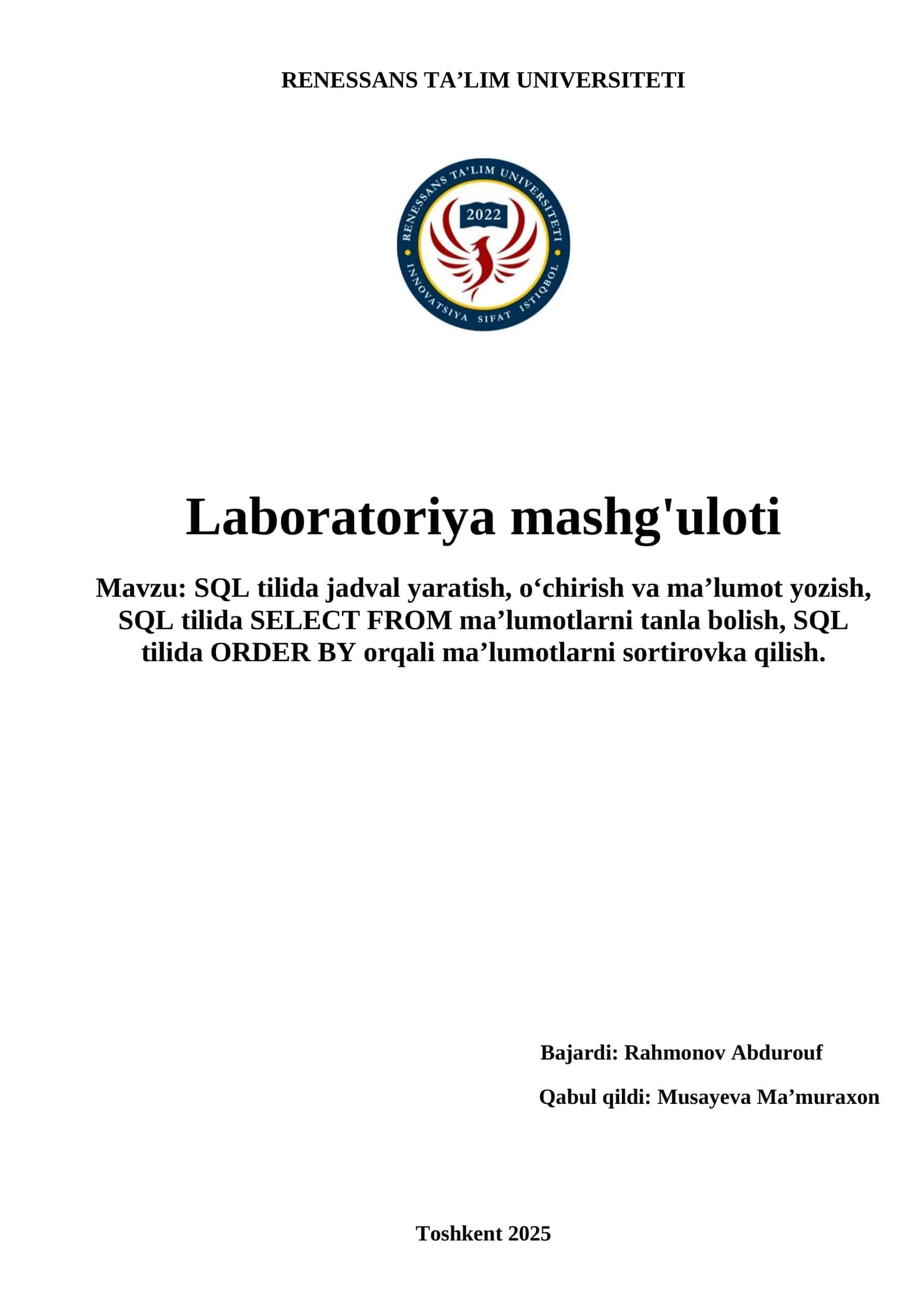 SQL tilida jadval yaratish mashg'uloti