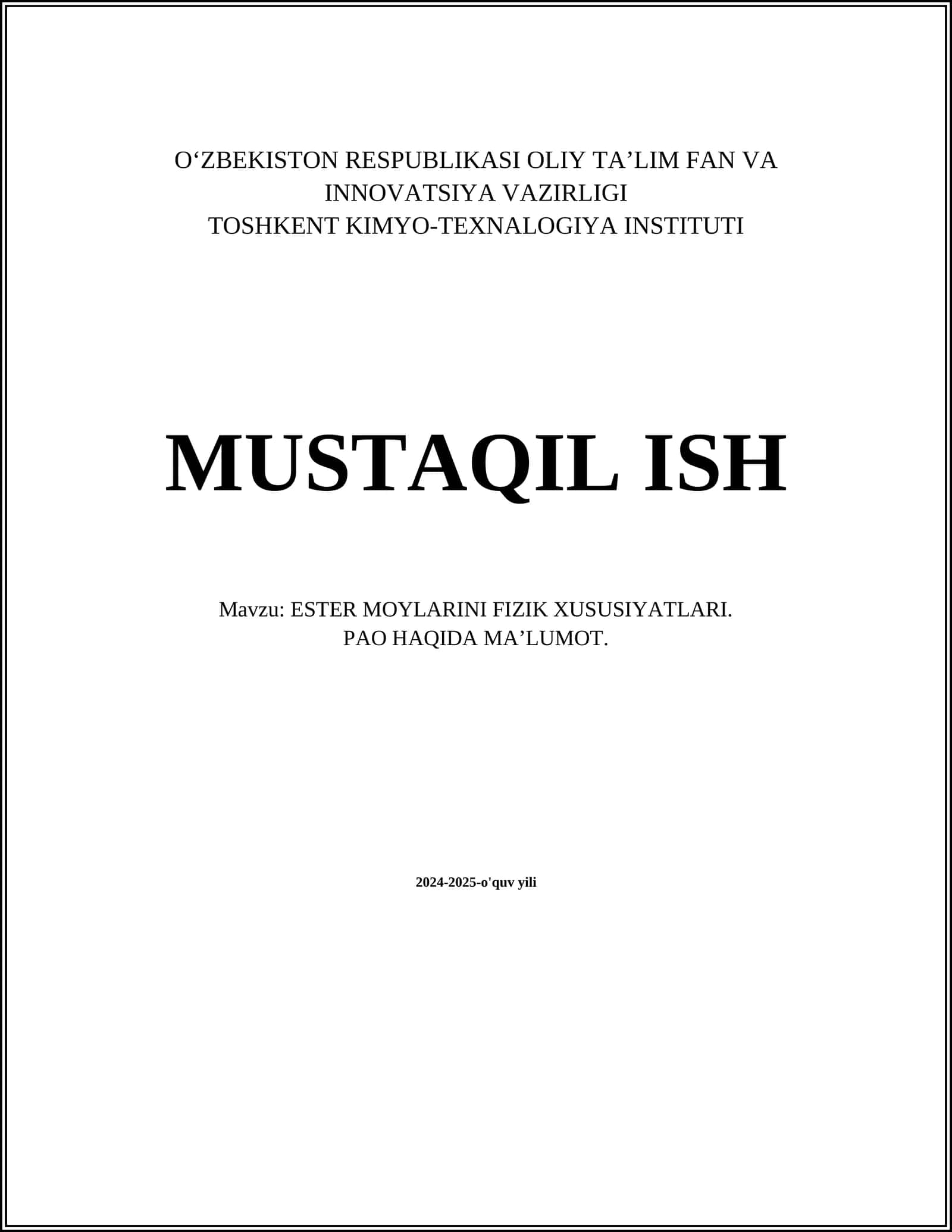 ESTER MOYLARINI FIZIK XUSUSIYATLARI