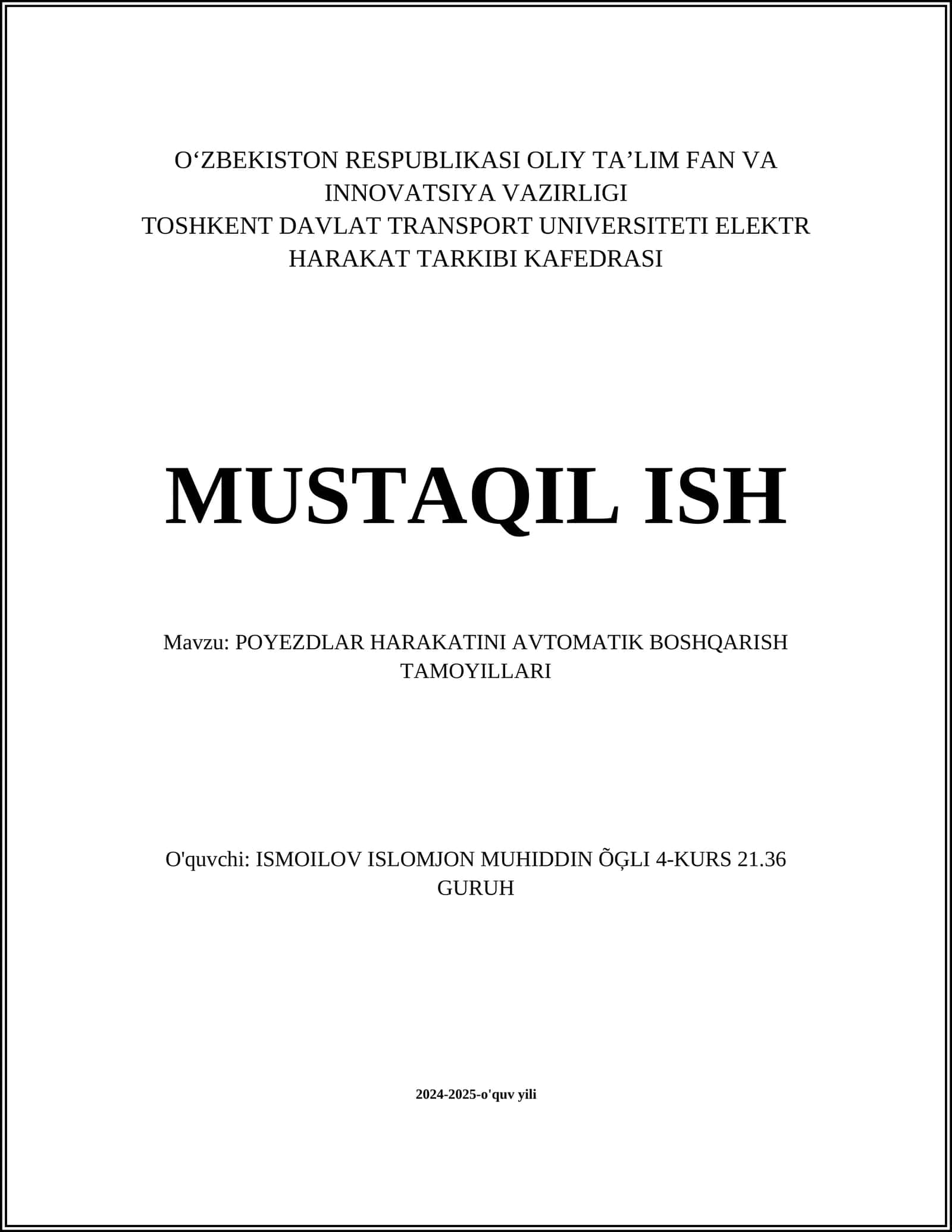 POYEZDLAR HARAKATINI AVTOMATIK BOSHQARISH TAMOYILLARI