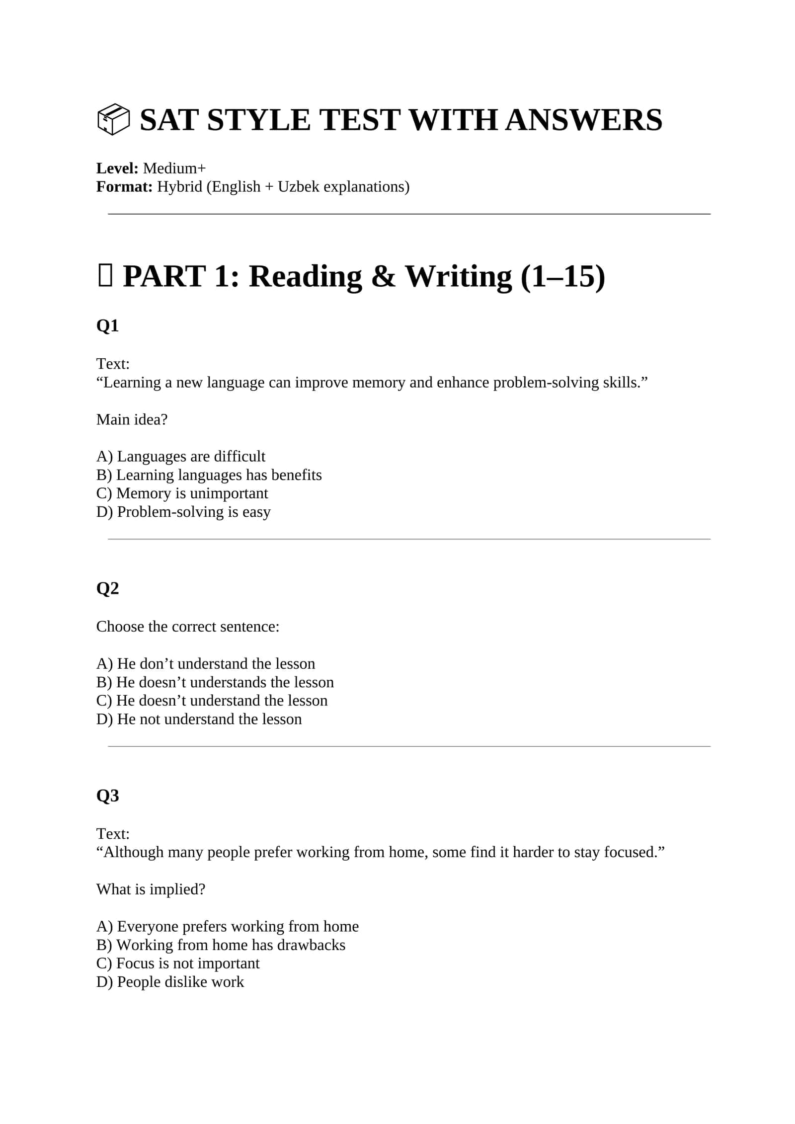 SAT STYLE TEST WITH ANSWERS
