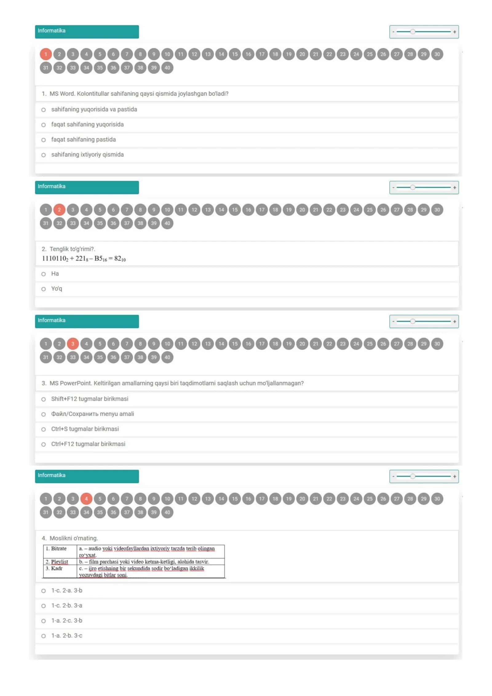 Informatika attestatsiya test savoli