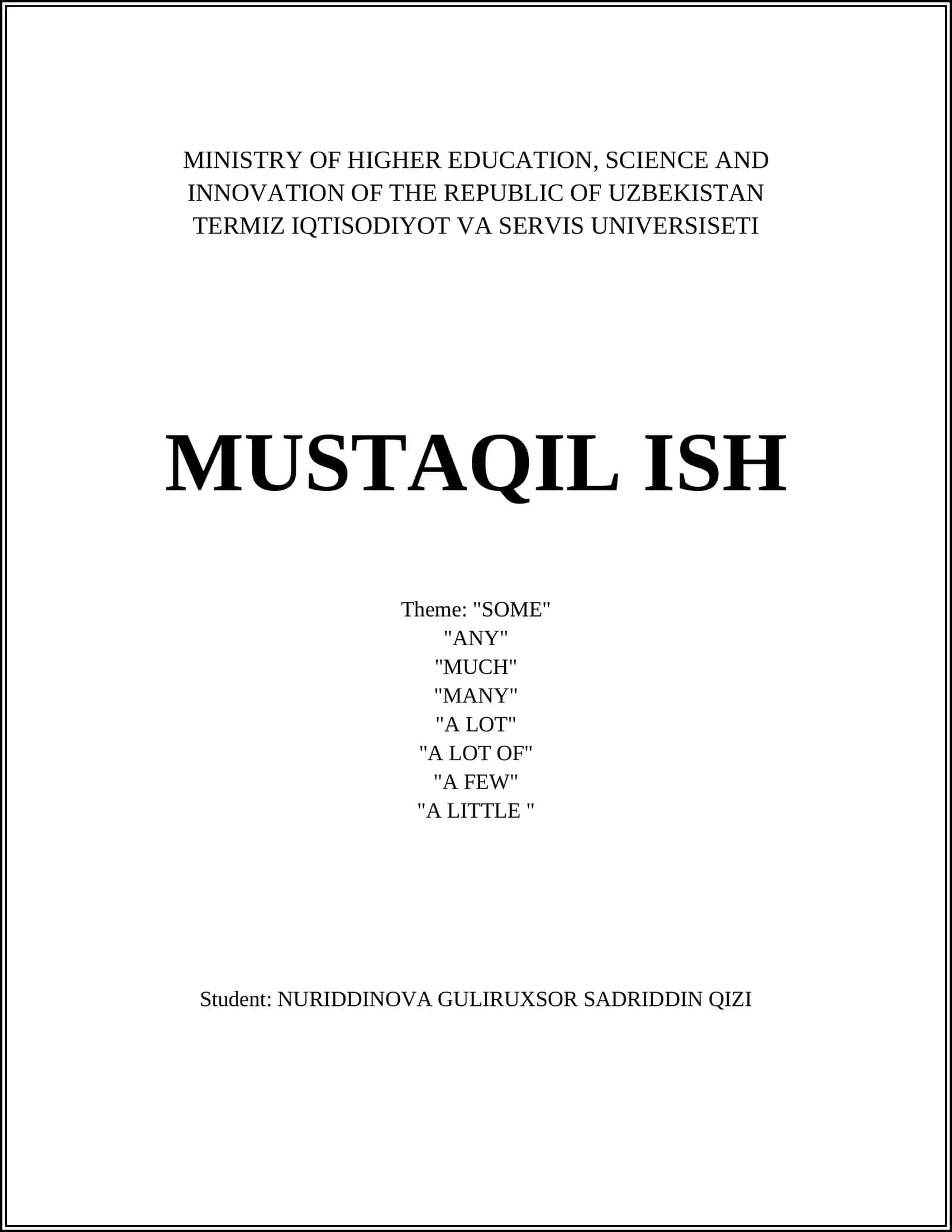 Termez Iqtisodiyot va Servis Universiteti Mustaqil Ish