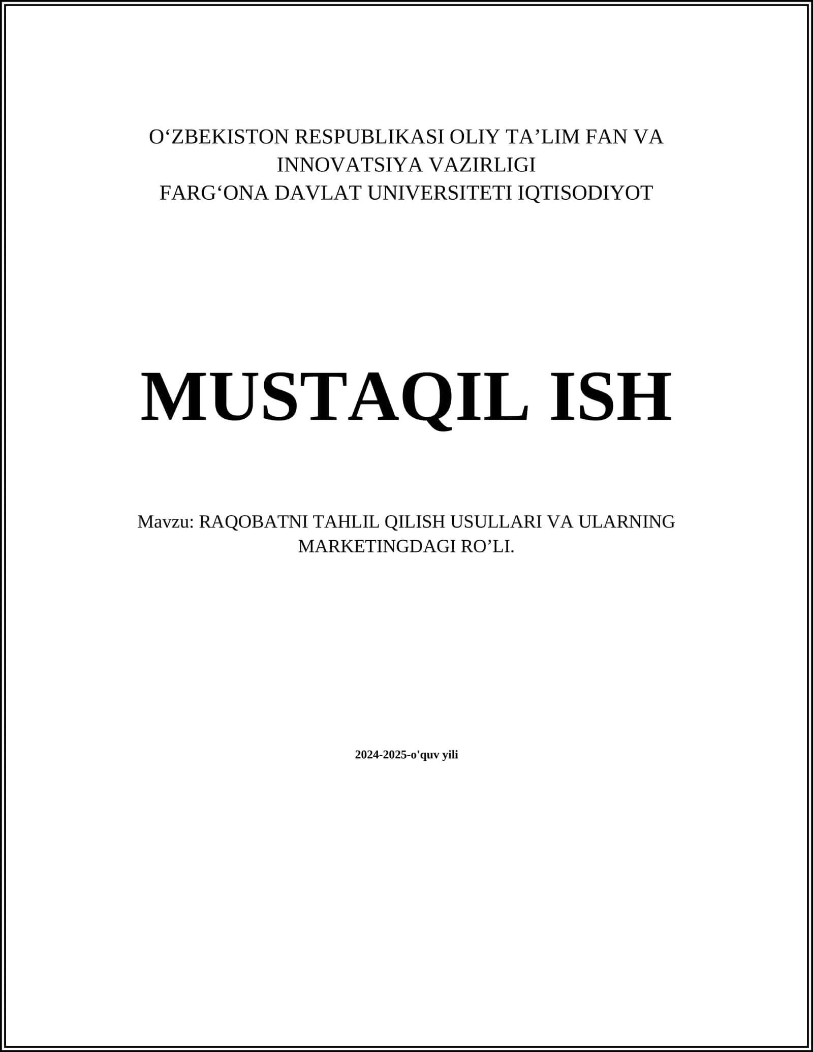 RAQOBATNI TAHLIL QILISH USULLARI VA ULARNING MARKETINGDAGI RO’LI