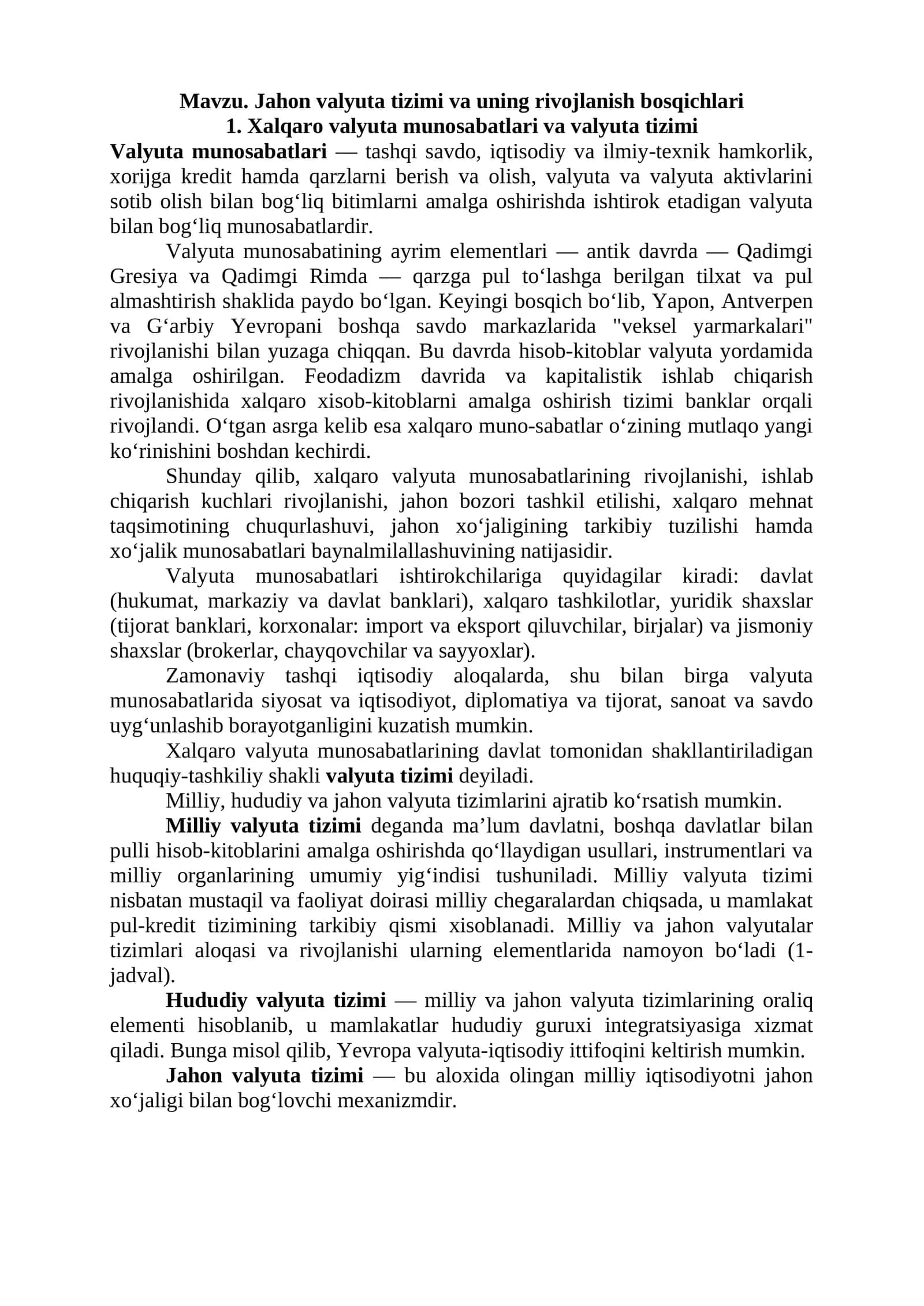 Jahon valyuta tizimi va uning rivojlanish bosqichlari