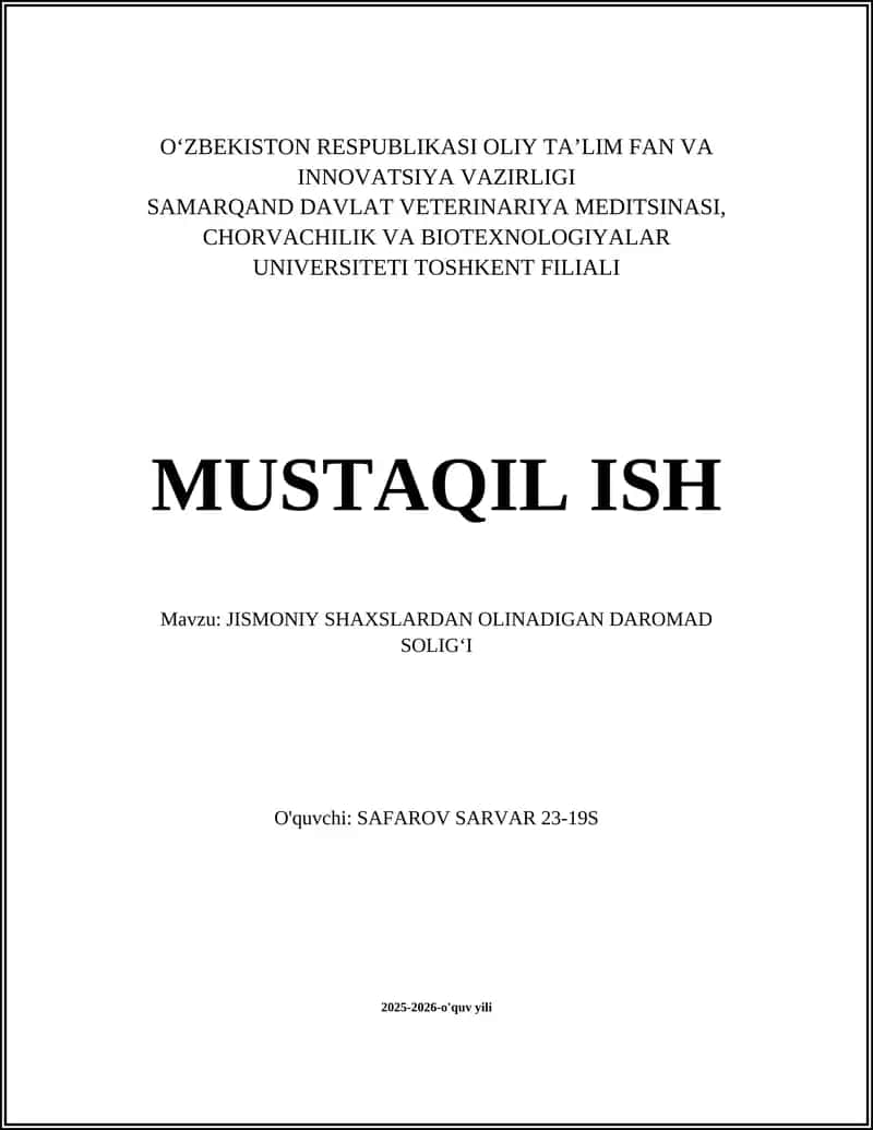 JISMONIY SHAXSLARDAN OLINADIGAN DAROMAD SOLIGʻI
