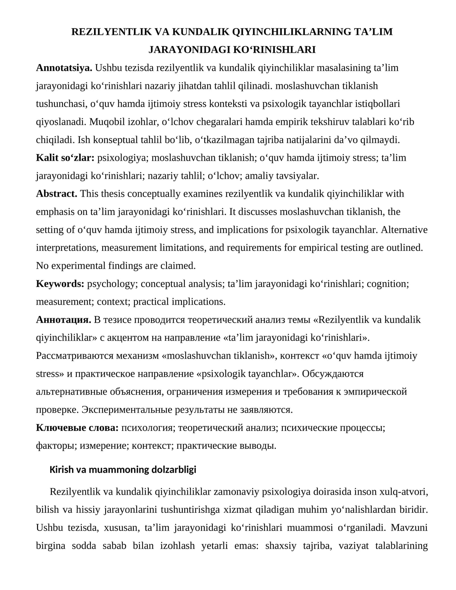 REZILYENTLIK VA KUNDALIK QIYINCHILIKLARNING TA’LIM JARAYONIDAGI KO‘RINISHLARI